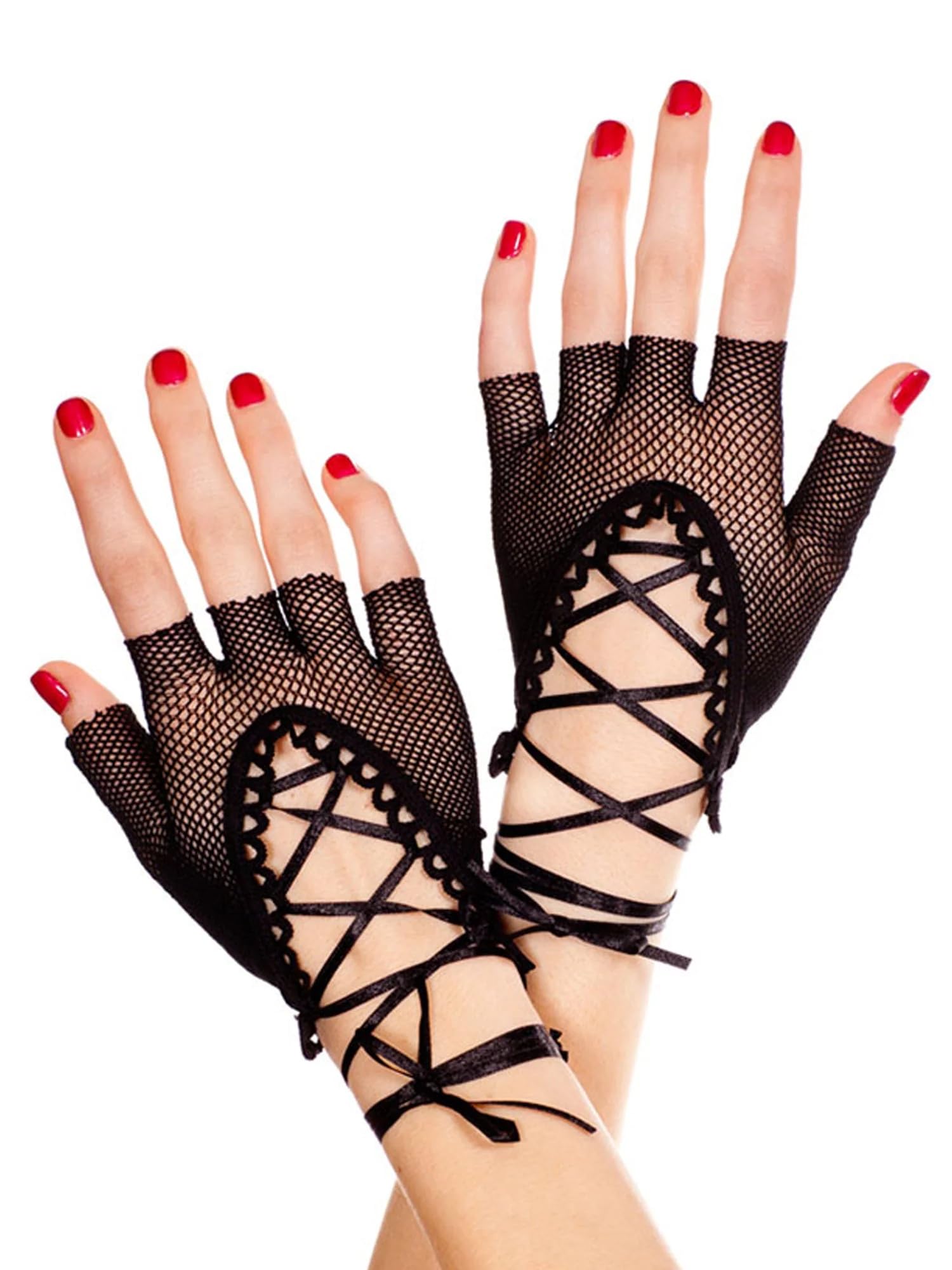 Women's Lace-Up Wrist Length Fishnet Fingerless Gloves - Stylish Hand Warmers for Winter Fashion, Cosplay & Gothic Outfits