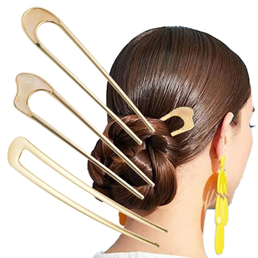 3 Pack Gold U-Shaped Hair Pins for Women - French Bun & Chignon Styling