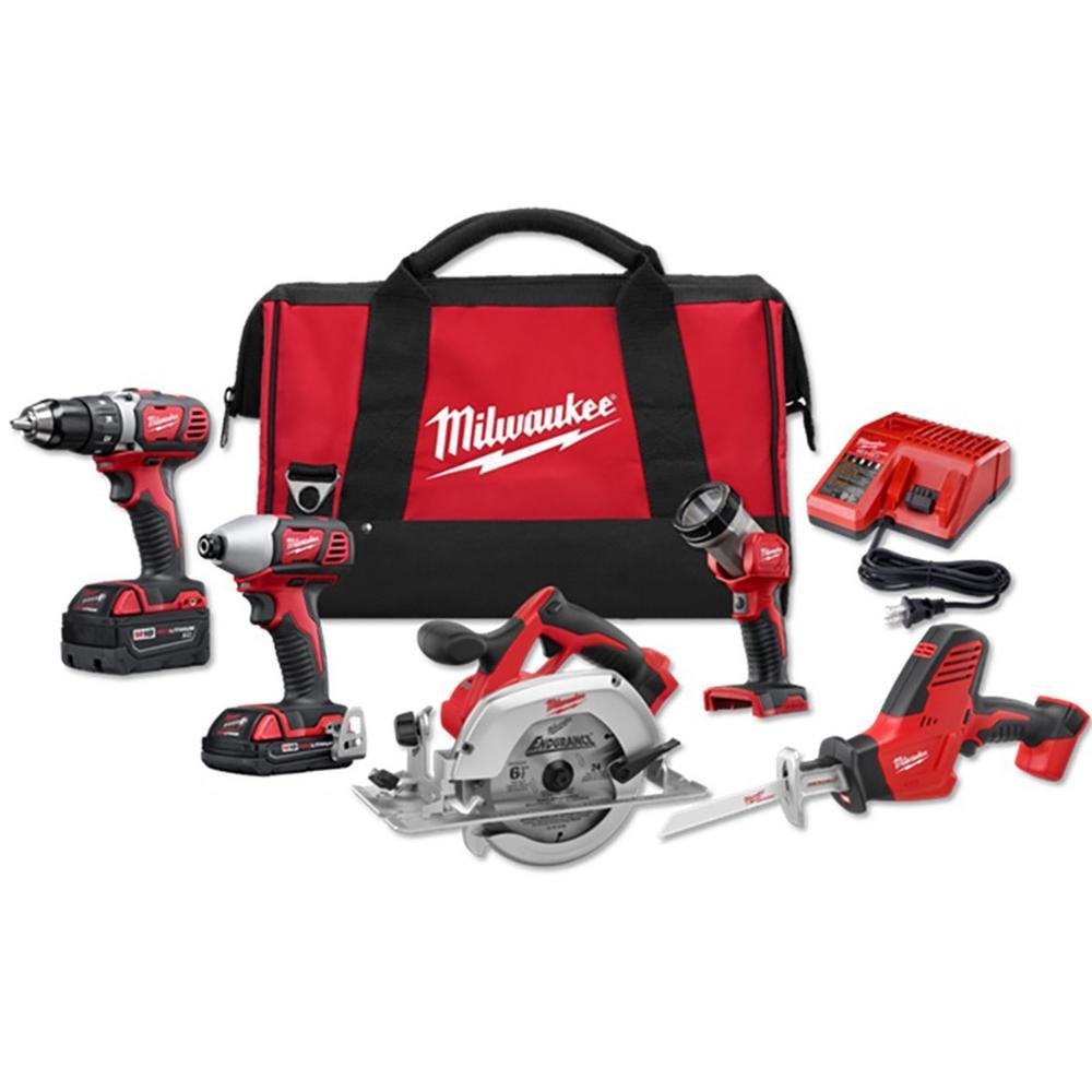 Milwaukee M18 18-Volt Lithium-Ion Cordless 5-Tool Combo Kit with 2 Batteries, Charger & Carrying Case - Perfect for DIY Projects, Home Renovations, and Professional Construction Work