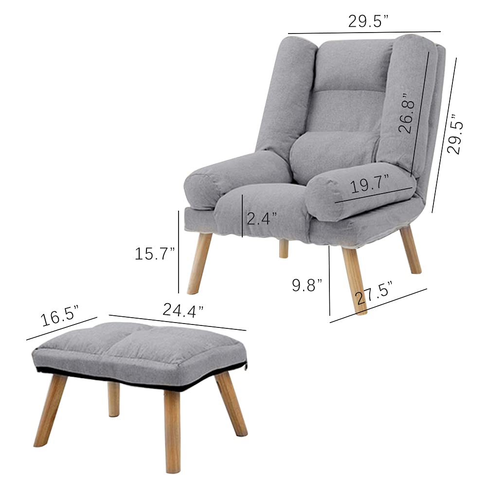 Foldable Lazy Sofa Chair with Ottoman - Adjustable Modern Accent Armchair & Footstool Set - Upholstered Recliner Lounge Chair for Indoor & Outdoor Use - Perfect for Living Room, Patio, or Bedroom (Grey)