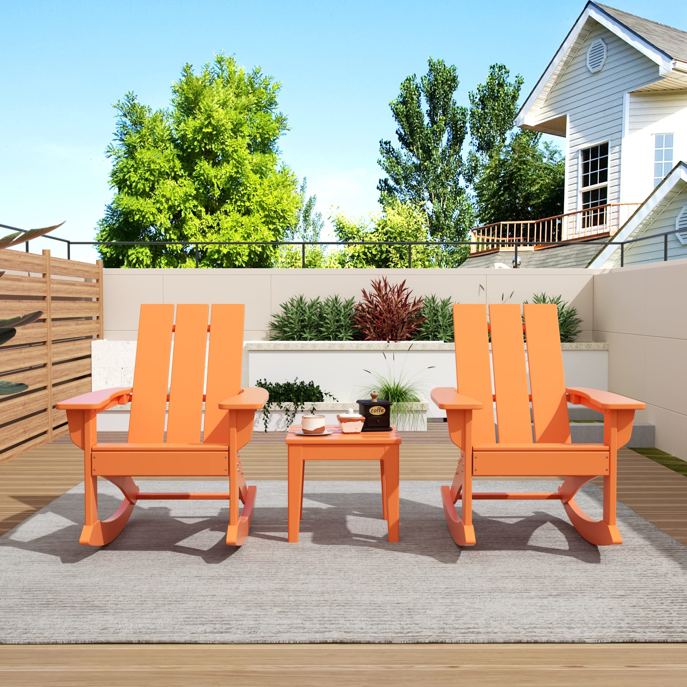 2-Pack WO Home All-Weather Adirondack Rocking Chairs - UV Resistant Outdoor Patio Furniture Set for Garden, Deck & Backyard (Orange) - Perfect for Relaxing, Sunbathing & Entertaining Guests
