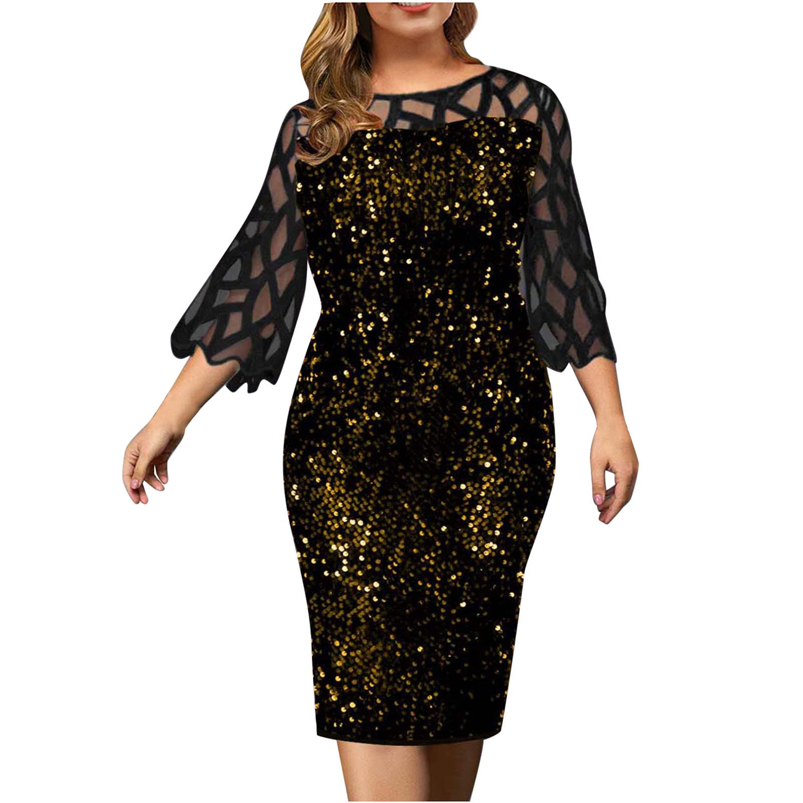 Plus Size Women's Sparkly Mesh Sheer 3/4 Sleeve Bodycon Dress - Sexy Cocktail & Prom Dress for Stylish Evening Parties, Date Nights & Special Occasions
