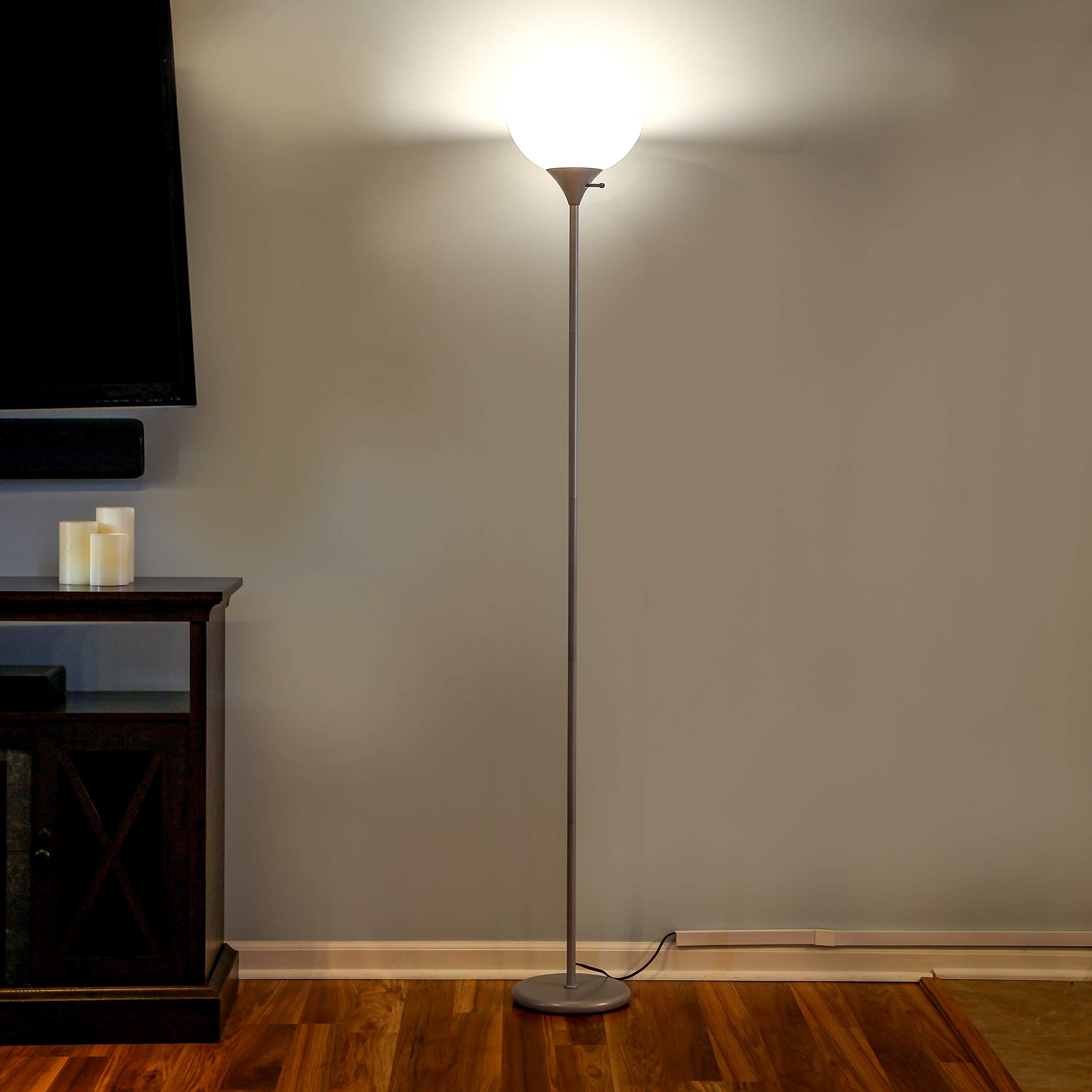 Brightech Sky Dome Dimmable LED Floor Lamp - Modern Torchiere Standing Lamp for Living Room, Bedroom & Office - Adjustable Tall Lamp for Reading, Working & Hobbies - Platinum Silver Finish - Perfect for Nighttime Reading & Cozy Ambience