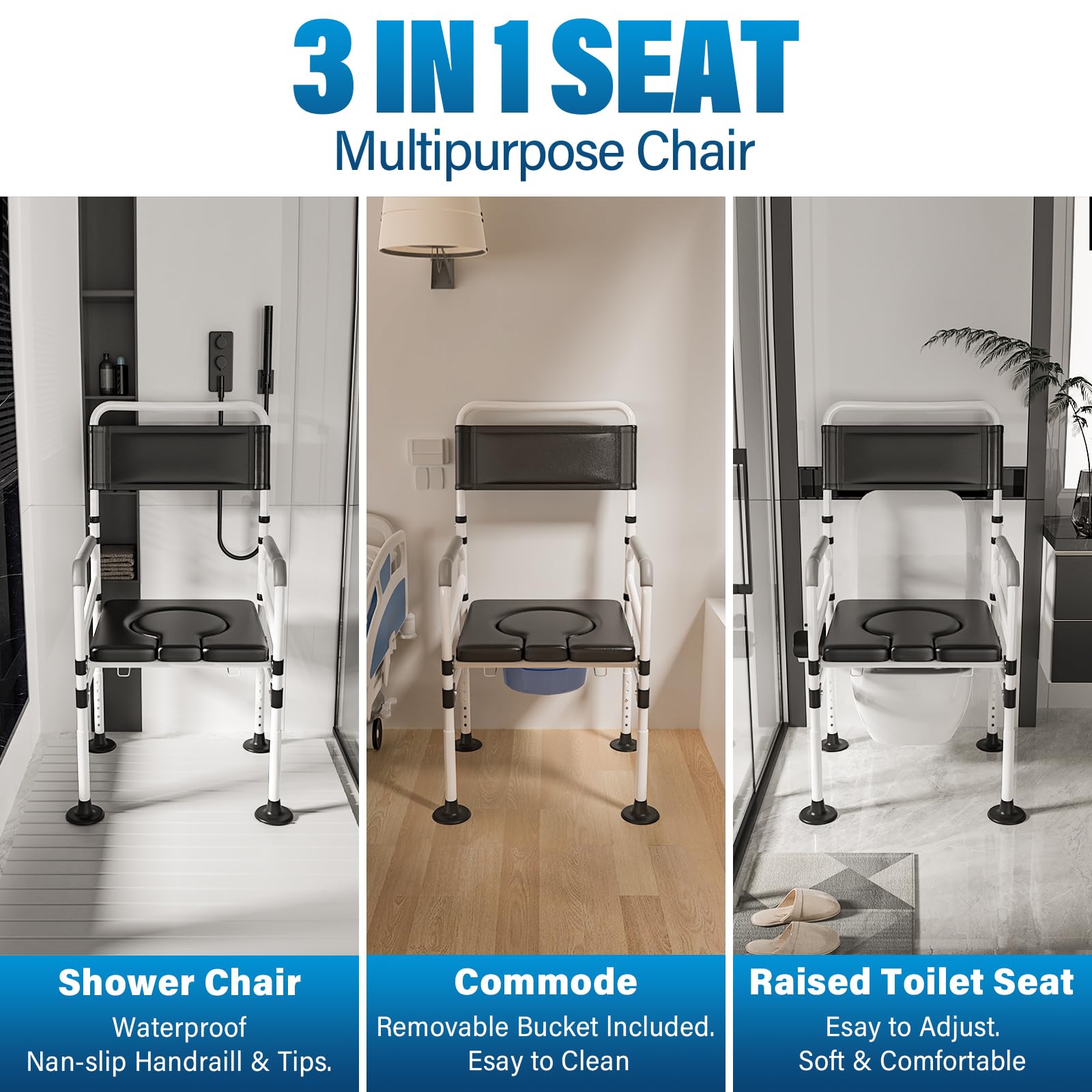 4 in 1 Heavy Duty Bariatric Commode Chair for Elderly & Adults - 440lb Capacity Raised Toilet Seat with Safety Handles, Portable Shower Chair & Bedside Commode - Ideal for Home Care, Post-Surgery Recovery & Mobility Assistance (Silver)