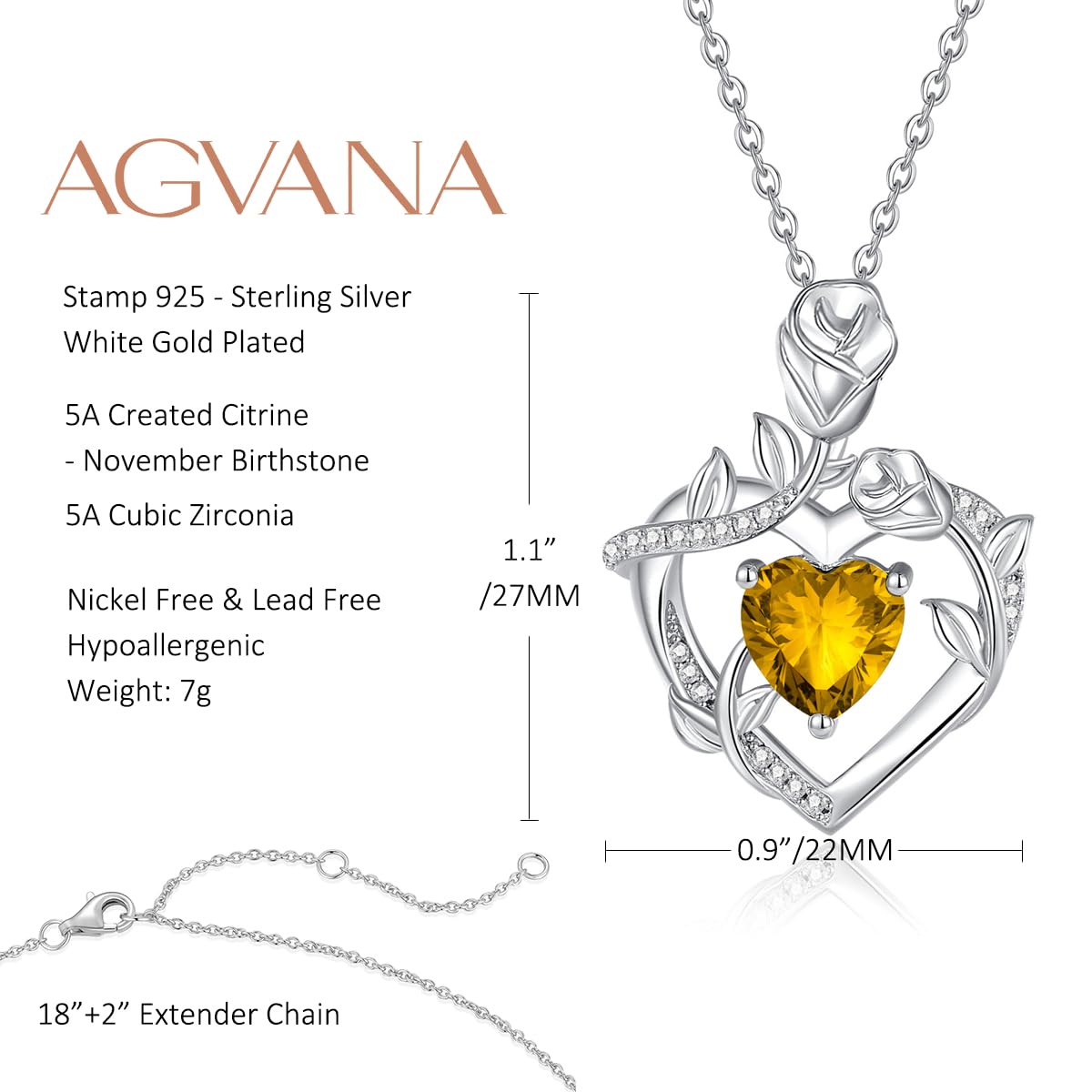 AGVANA Dreamy Rose Birthstone Necklace for Women - Sterling Silver Rose Flower Heart Pendant Necklace, 18