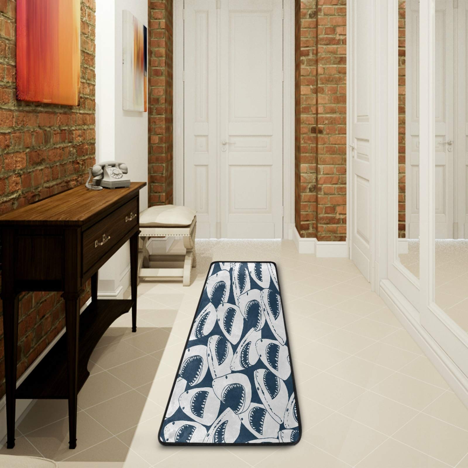 Non-Slip 2'x6' Shark Pattern Area Rug - Ocean Sea Animal Themed Runner Carpet for Hallway, Living Room, Bedroom, Bathroom & Entryway - Perfect for Coastal Home Decor & Kids Room Design