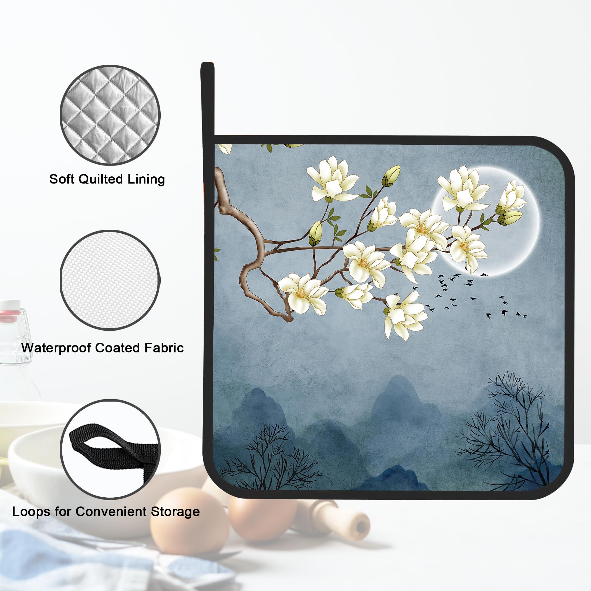**2-Pack Japanese Moon Blossom Heat Resistant Pot Holders – BBQ, Baking & Cooking Hand Protection for Men & Women – Perfect for Grilling, Oven Use & Hot Dish Handling**