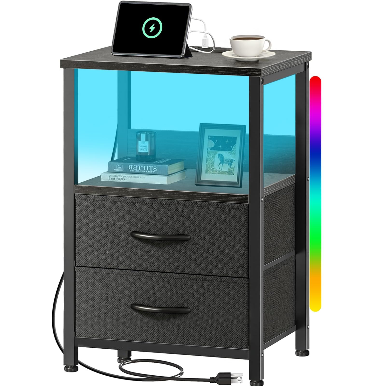 Modern Nightstand with USB Charging Station & Fabric Drawers - Bedside Table with Open Shelf & Power Outlets - Black End Table for Bedroom - Perfect for Phone Charging, Reading Lamps & Bedroom Storage