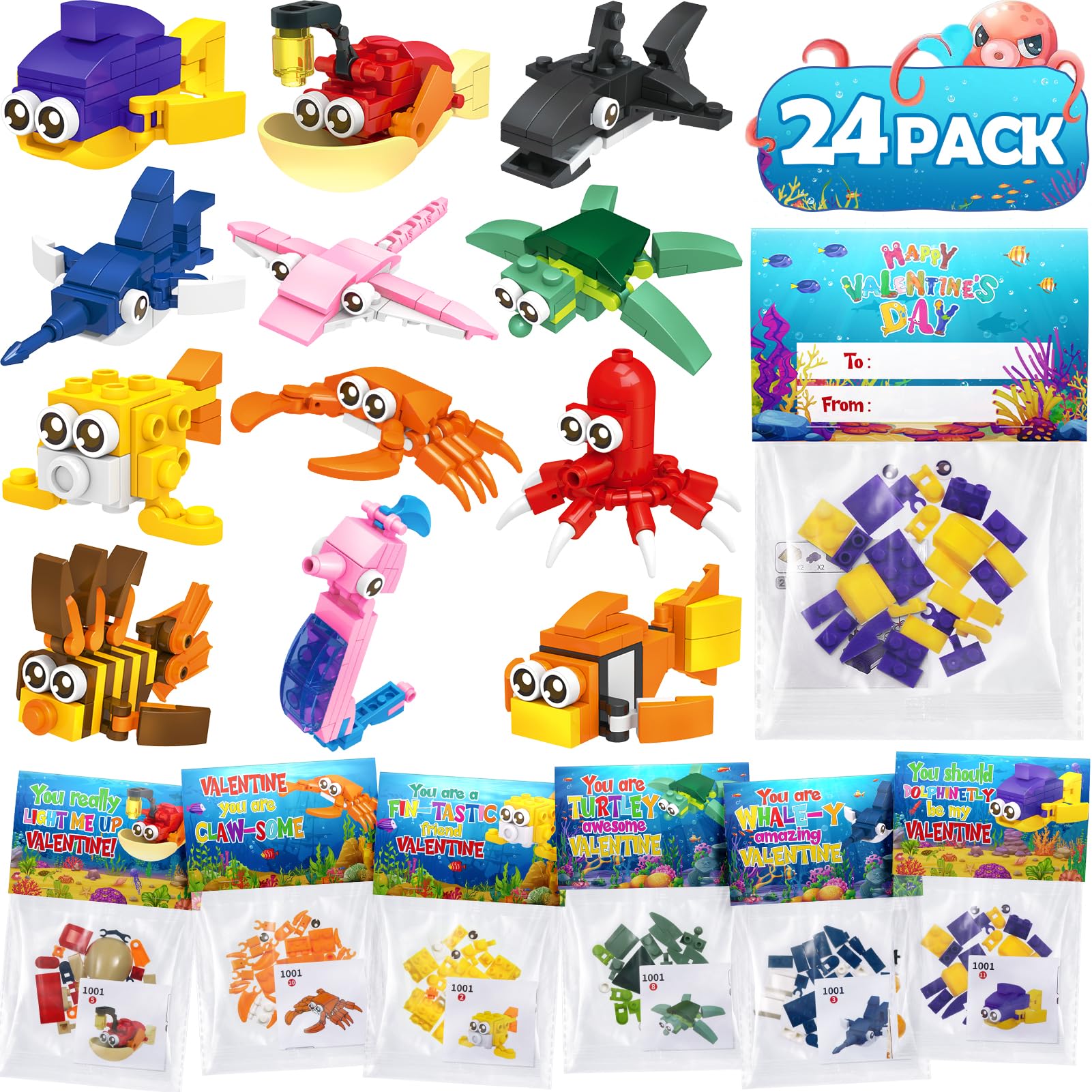 24 Pcs Sea Animal Building Blocks Toy - Easter Basket Stuffers for Kids, Easter Gifts for Boys & Girls, Prefilled Easter Egg Fillers, Kids Party Favors - Perfect for Easter Celebrations, Birthday Parties & Classroom Rewards
