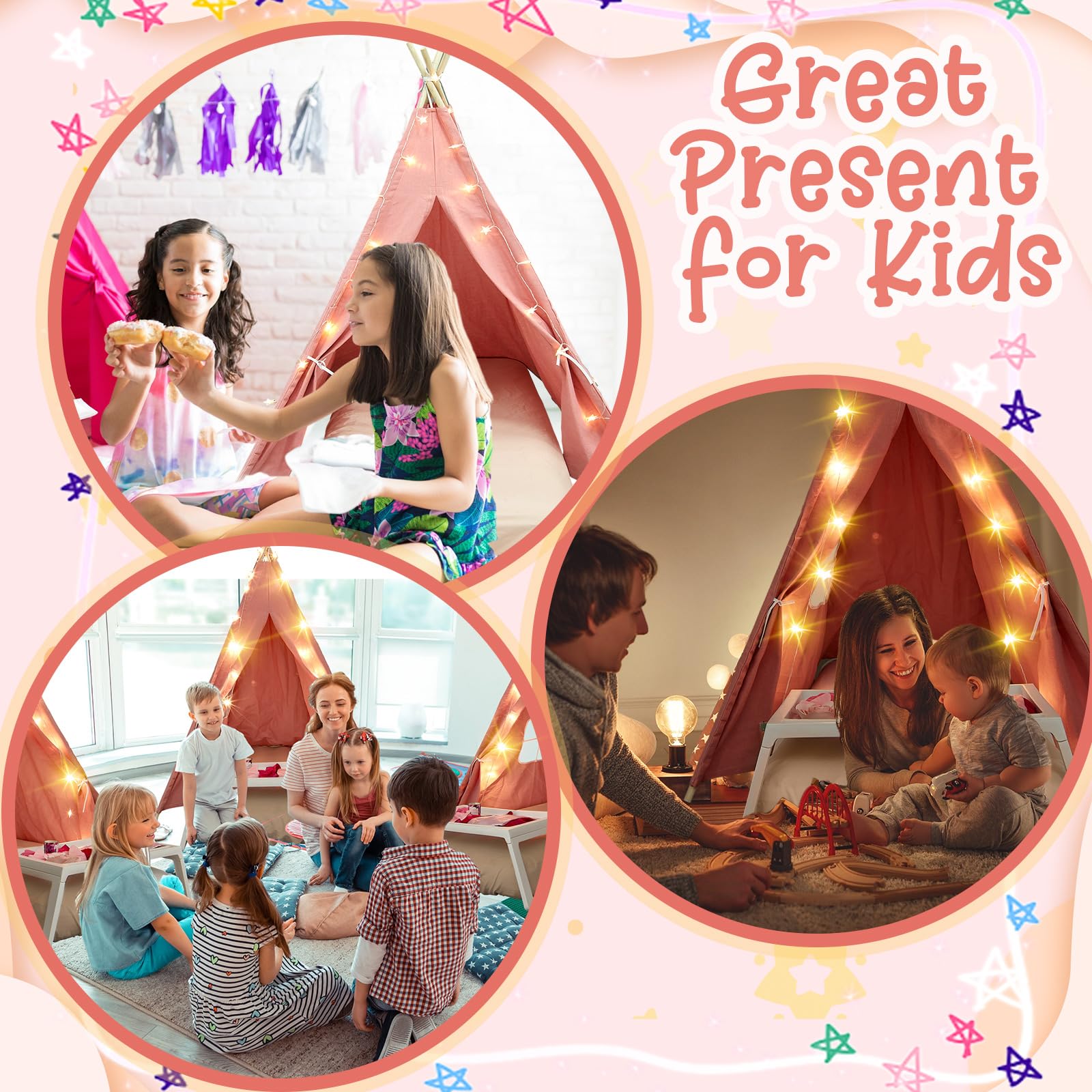 4 Pack Kids Teepee Tent for Sleepovers - Includes Mattress, Fitted Sheet & Fairy Lights | Washable Cotton Play Tent for Girls Birthday Parties, Movie Nights & Indoor Camping (Pink) - Perfect for Sleepovers, Playdates & Imaginative Play