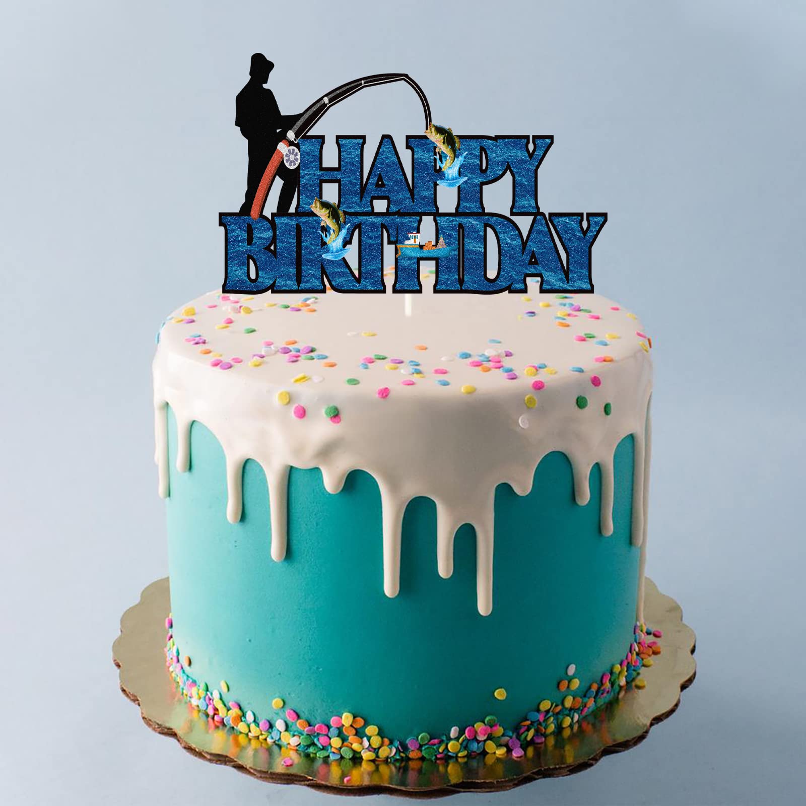 Fishing Happy Birthday Cake Topper - Fishing Pole & Fisherman Themed Cake Decorations for Birthday Parties | Perfect for Fisherman Birthday Cakes, Fishing Theme Celebrations & Outdoor Enthusiast Events