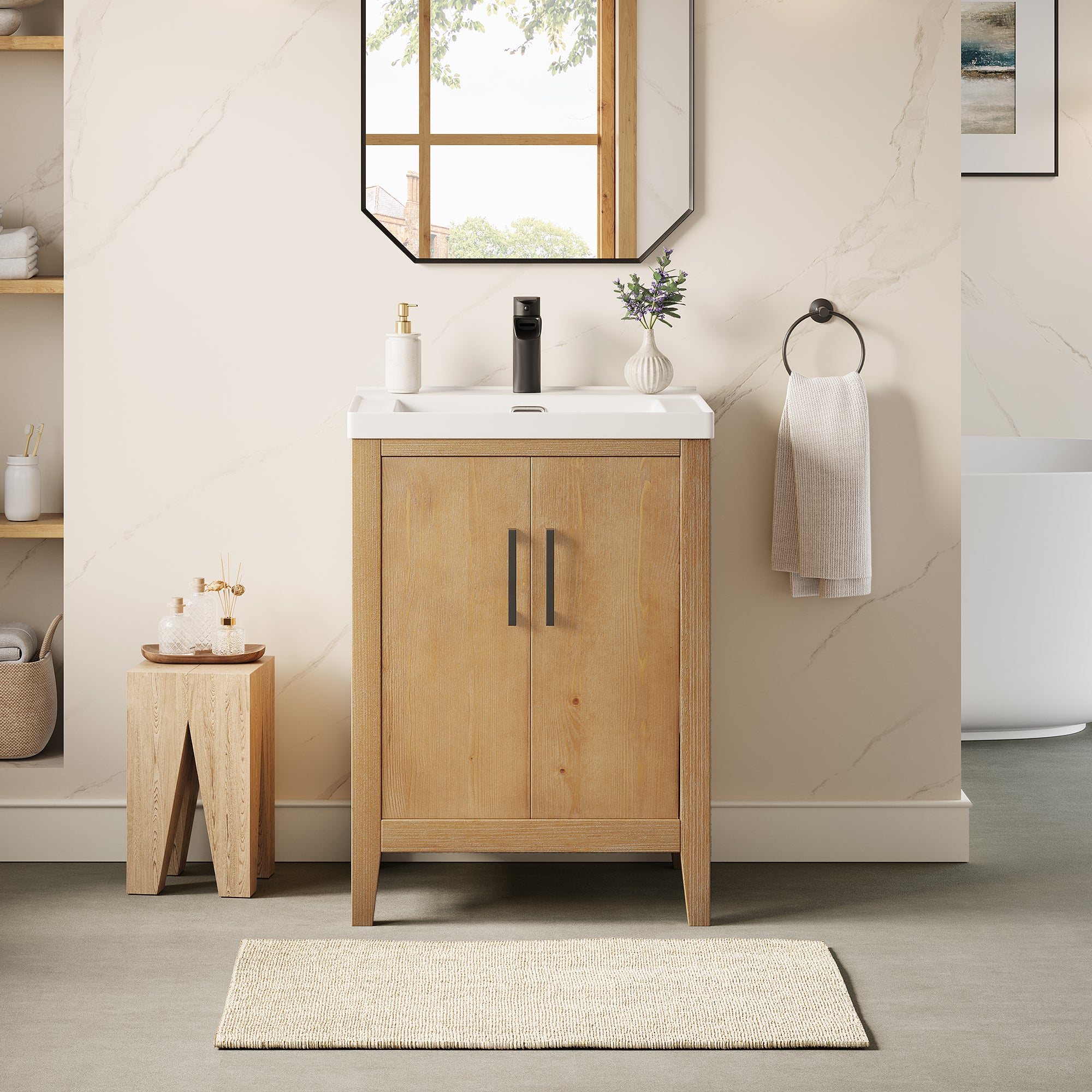 Solara 24 Inch Single Bathroom Vanity with White Ceramic Integrated Sink in Weathered Fir Finish - Perfect for Small Bathrooms, Powder Rooms & Modern Home Decor