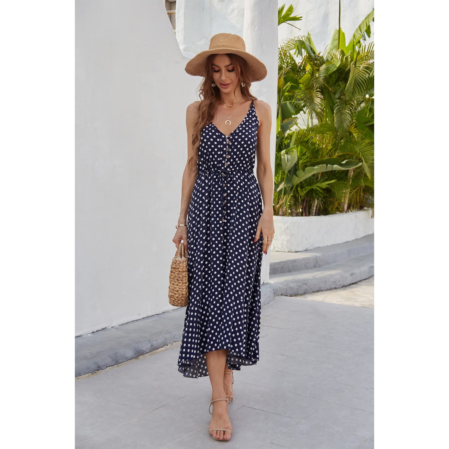 BROVAVE Women's 2025 Summer Casual Boho Sundress - Polka Dot Spaghetti Strap V-Neck Flowy Midi Dress for Beach, Vacation & Outdoor Parties