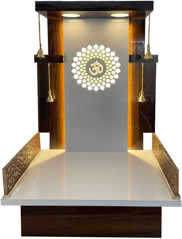 Handcrafted Wooden Brown Temple with LED Lights - Home & Office Puja Mandir for Wall Hanging & Tabletop Decor | Spiritual Altar for Daily Prayers & Meditation | Perfect for Hindu Worship Space (Model RJKP0764)