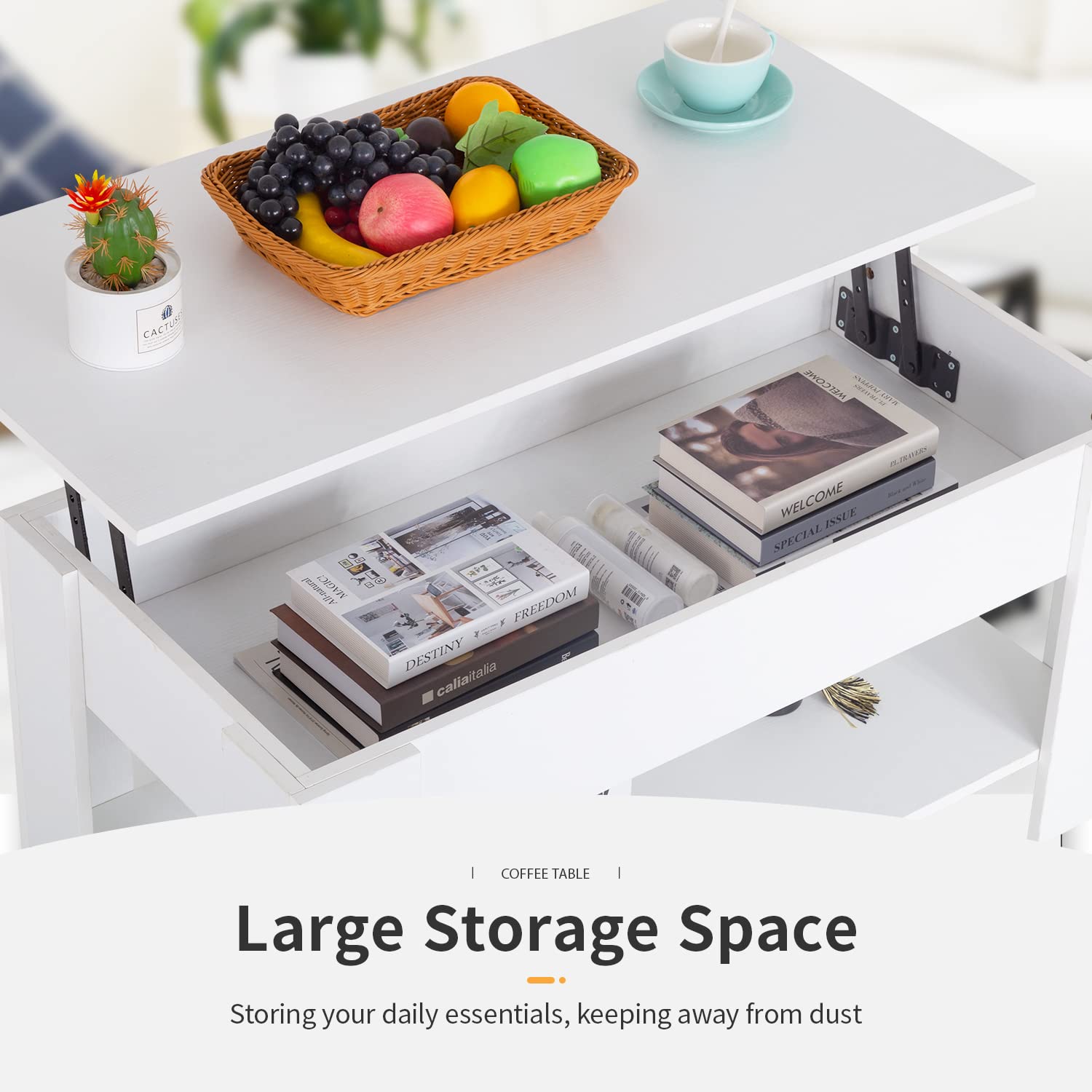 FDW Lift Top Coffee Table with Hidden Storage Compartment & Shelf - Solid Wood Lift Tabletop for Living Room, Office & Reception Areas - Perfect for Small Spaces, Home Decor & Multi-Functional Use