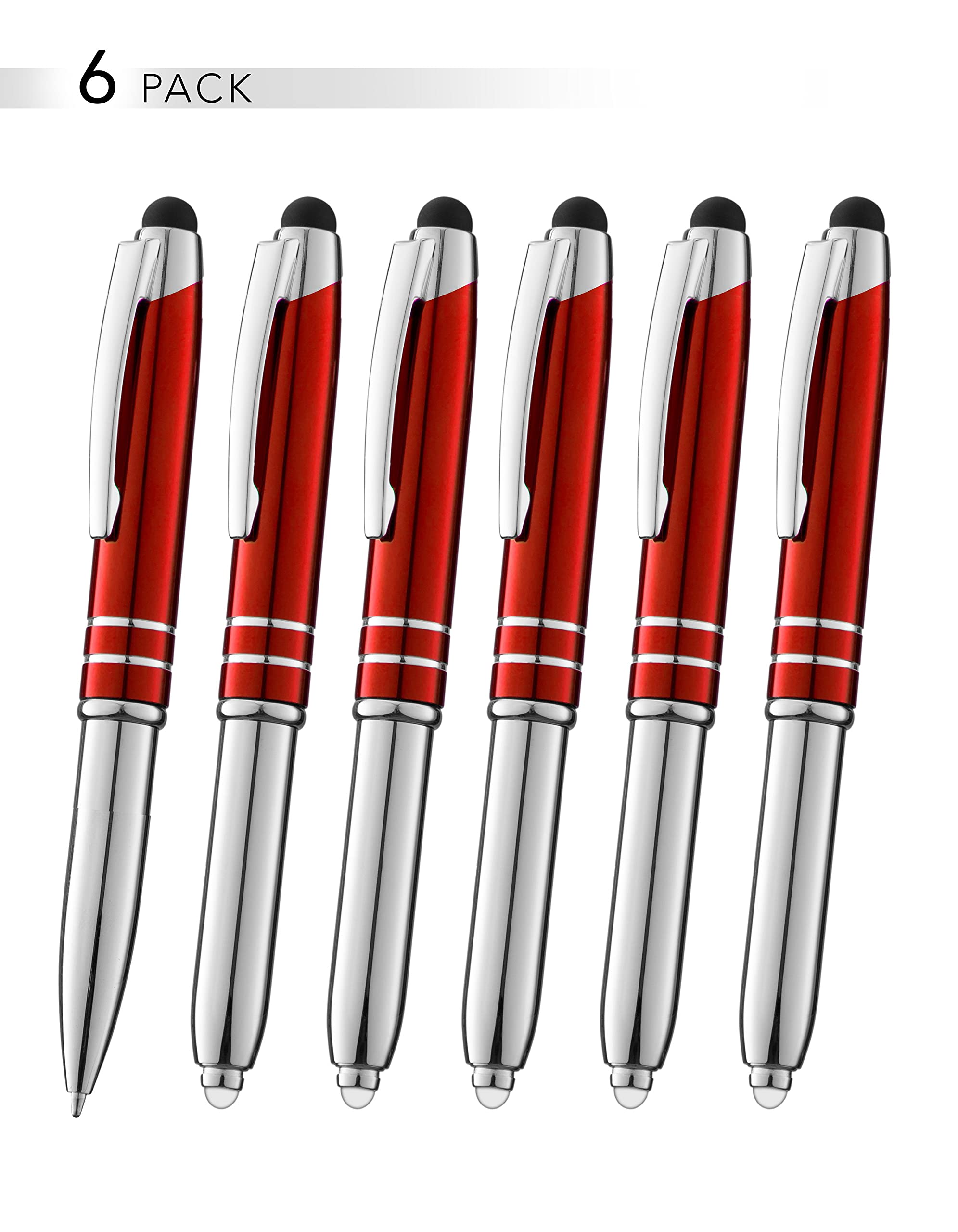 Custom Engraved Pens Bulk 50 Pack - Personalized with Text/Logo - 3-in-1 LED Flashlight, Ballpoint Pen & Touchscreen Stylus - Perfect for Corporate Gifts, Trade Shows & Promotional Events (Red)