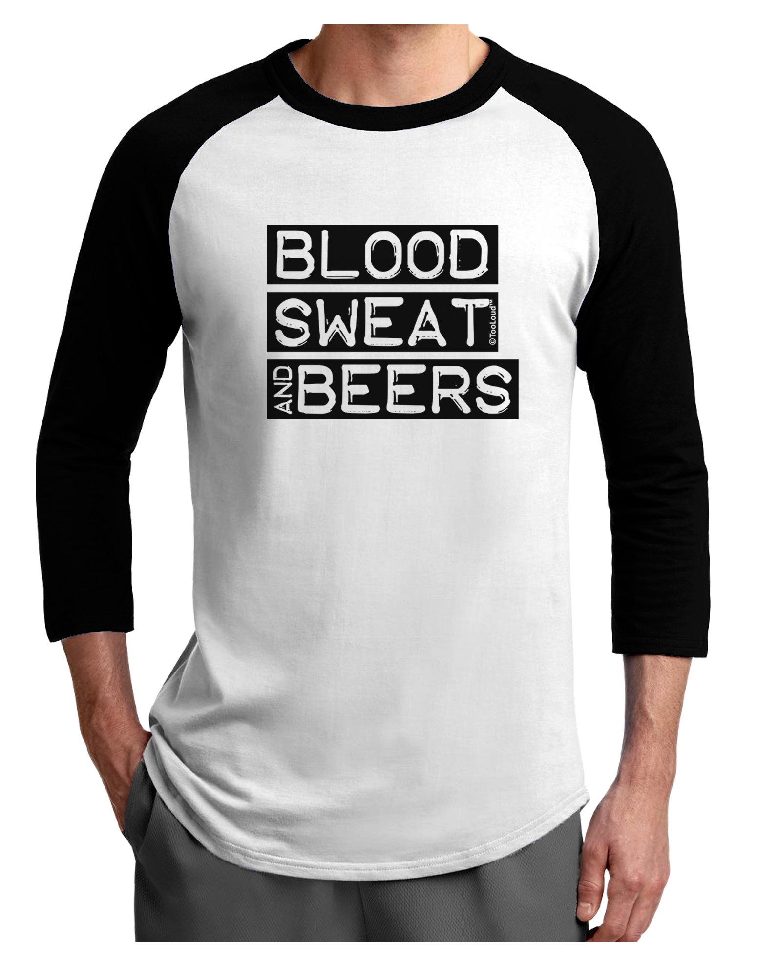 TooLoud Blood Sweat and Beers Graphic Raglan Tee for Men - Comfortable Baseball Shirt for Casual Wear, Concerts & Sports Events