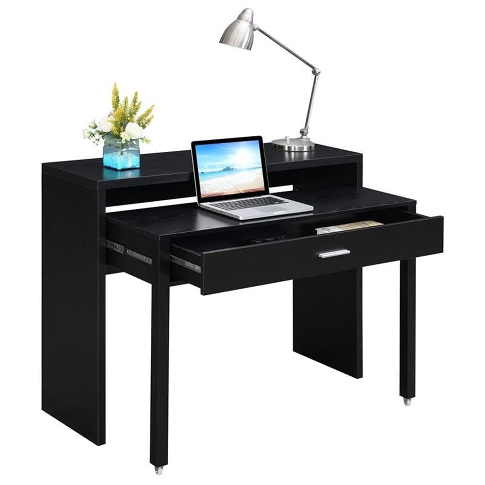 Modern Black Wood Console Desk with Sliding Drawer & Riser - Stylish Home Office & Living Room Furniture for Workspace Organization