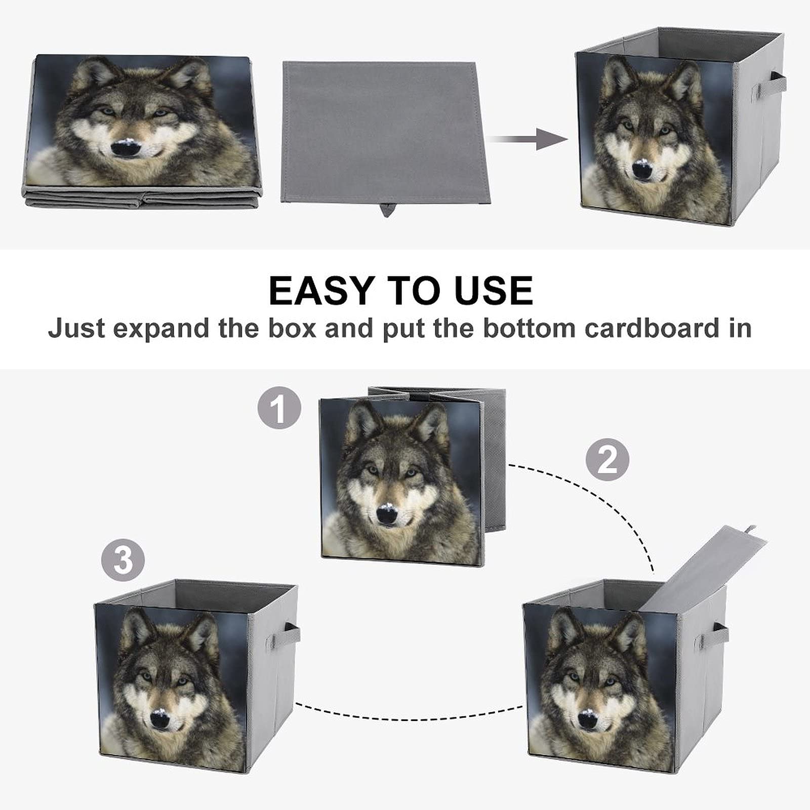 White Snow Wolf Canvas Collapsible Storage Bins with Handles - Foldable Fabric Cube Organizer Baskets for Home, Office, Car & Closet Organization - Perfect for Toys, Books, Blankets & Seasonal Storage