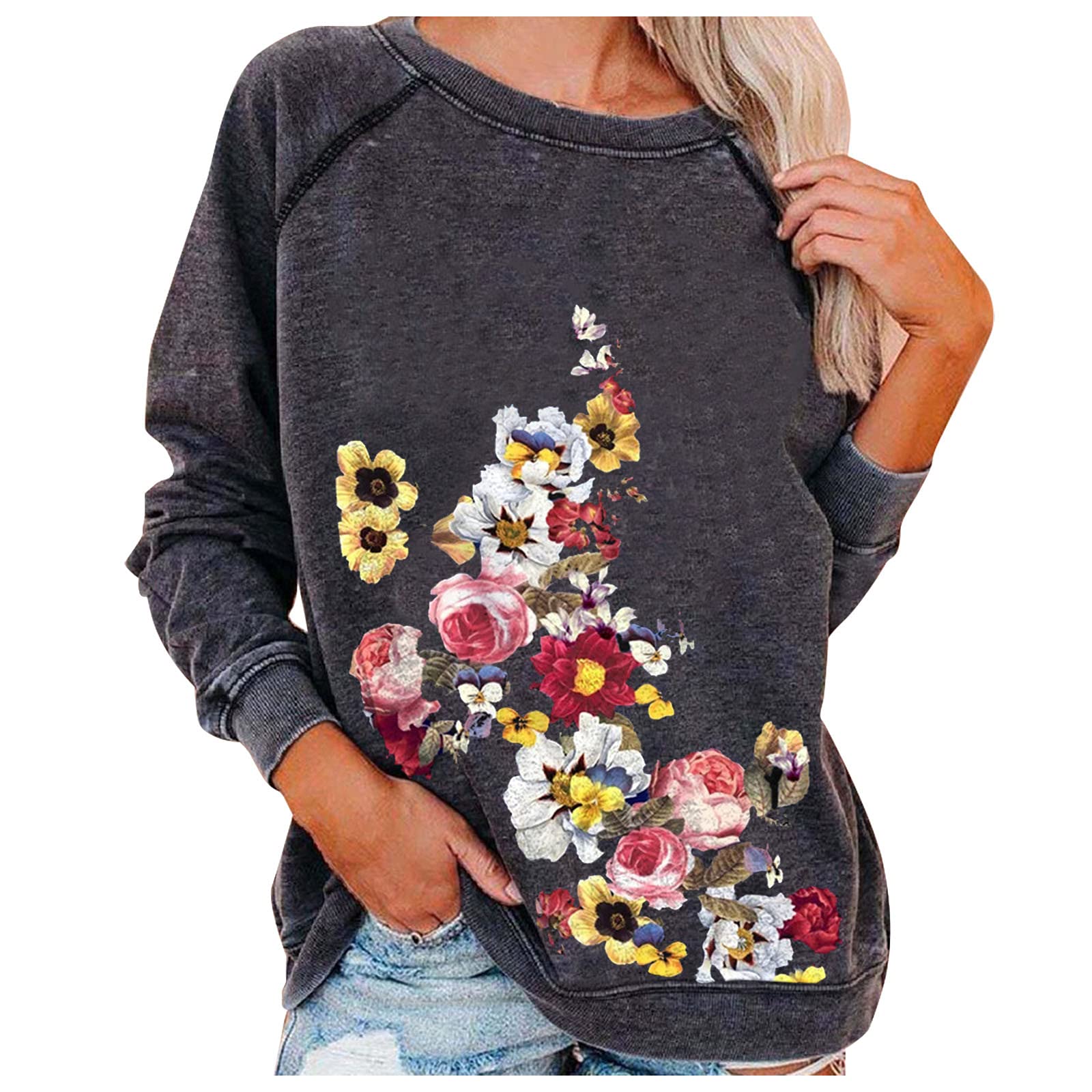 FMCHICO Women's Casual Crewneck Sweatshirt - Printed Loose Fit Soft Long Sleeve Pullover Top for Everyday Wear, Lounge & Street Style Fashion