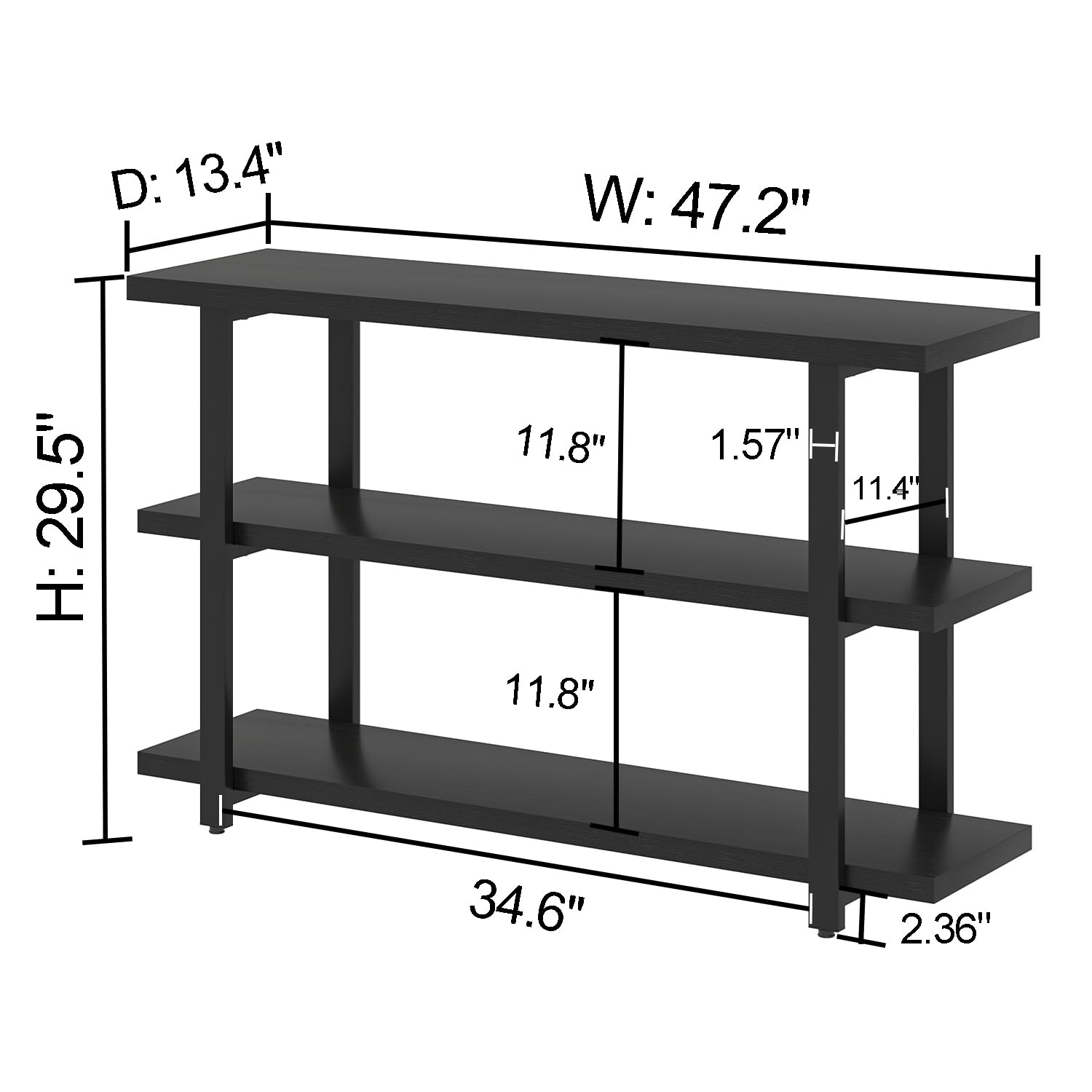 Modern Black Entryway Console Table with 3-Tier Storage Shelves - 47 Inch Wood & Metal Sofa Table for Living Room, Hallway, Entrance or Behind Couch - Perfect for Home Decor, Small Space Organization & Stylish Storage Solutions
