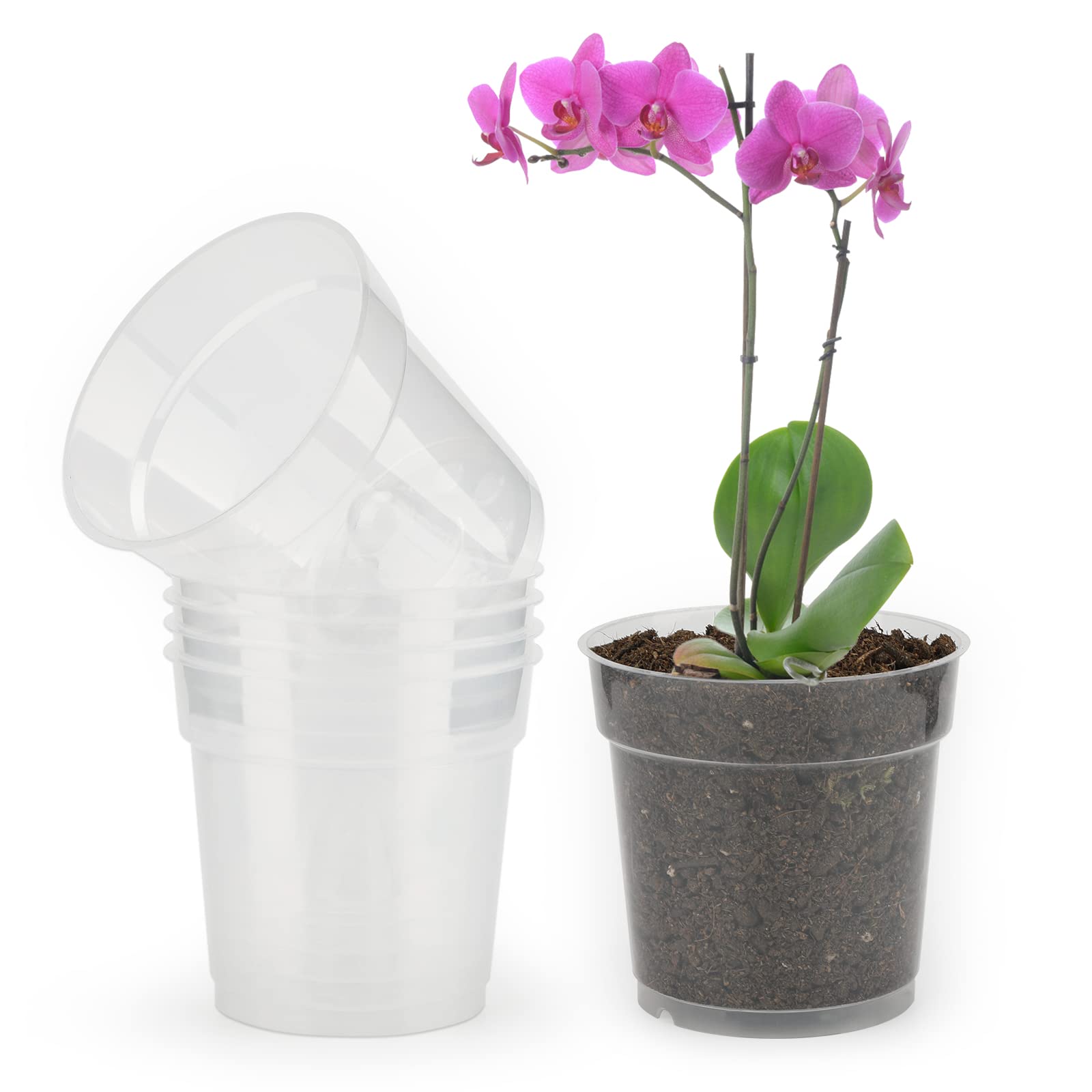 KINGLAKE 4.5 Inch Clear Plastic Orchid Pots with Drainage Holes - 16 Pack Reusable Planters for Orchid Repotting, Seedlings & Indoor Gardening | Perfect for Home, Office & Greenhouse Use