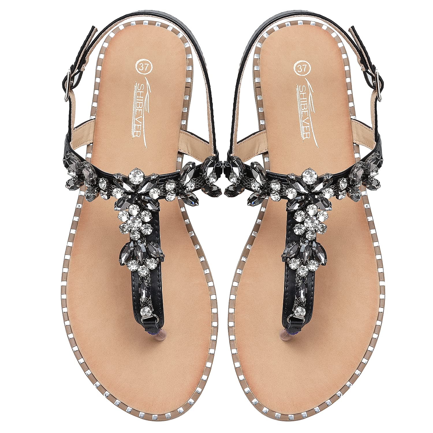 SHIBEVER Women's Rhinestone Flat Sandals - Sparkly Crystal Jeweled Flip Flops for Summer, Beach, Wedding & Outdoor Wear | Comfortable Casual Sandals for Women