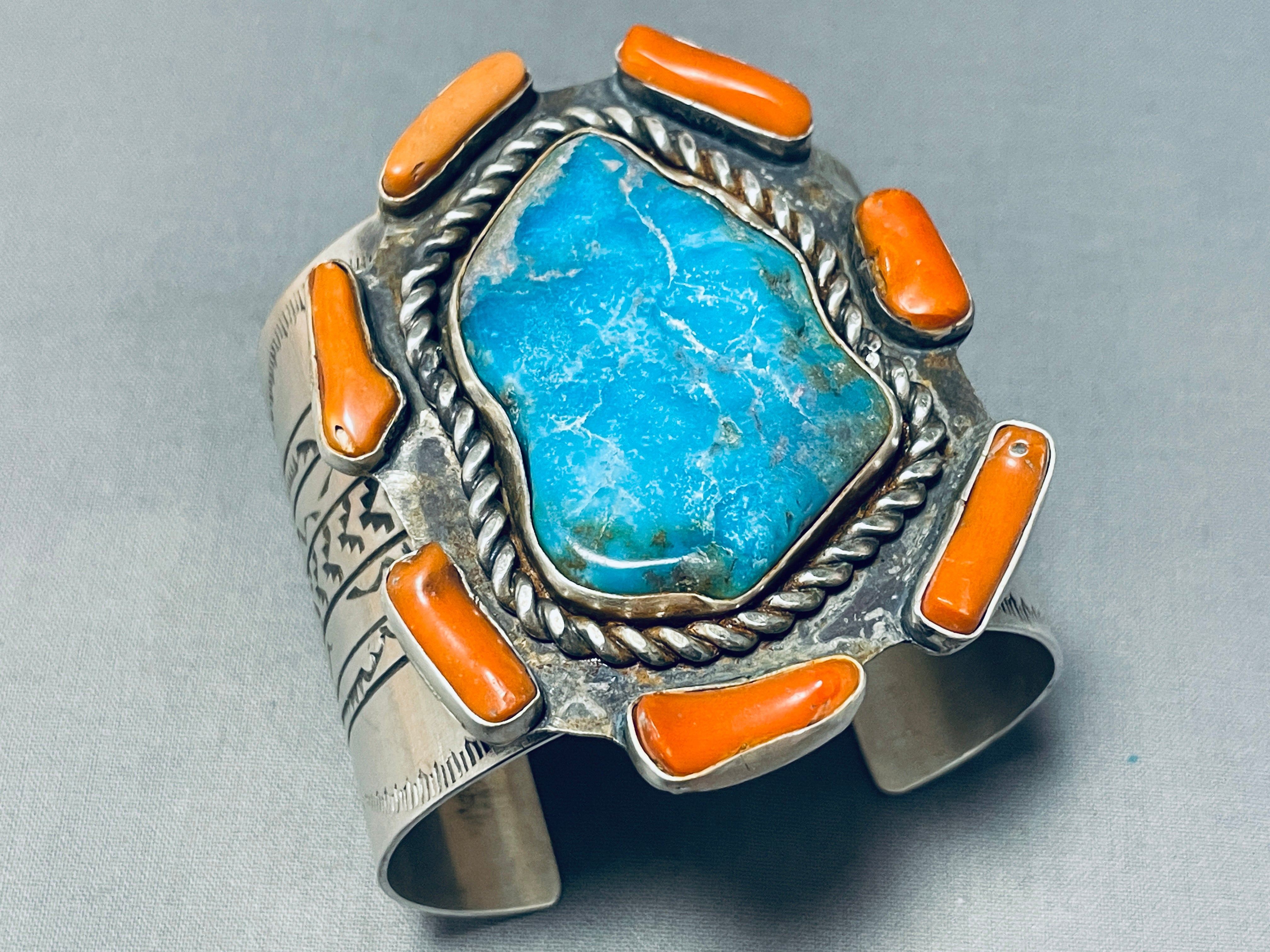 143g Stunning Native American Navajo Turquoise Coral Sterling Silver Bracelet - Perfect for Boho Fashion, Gift Giving & Spiritual Jewelry Collection
