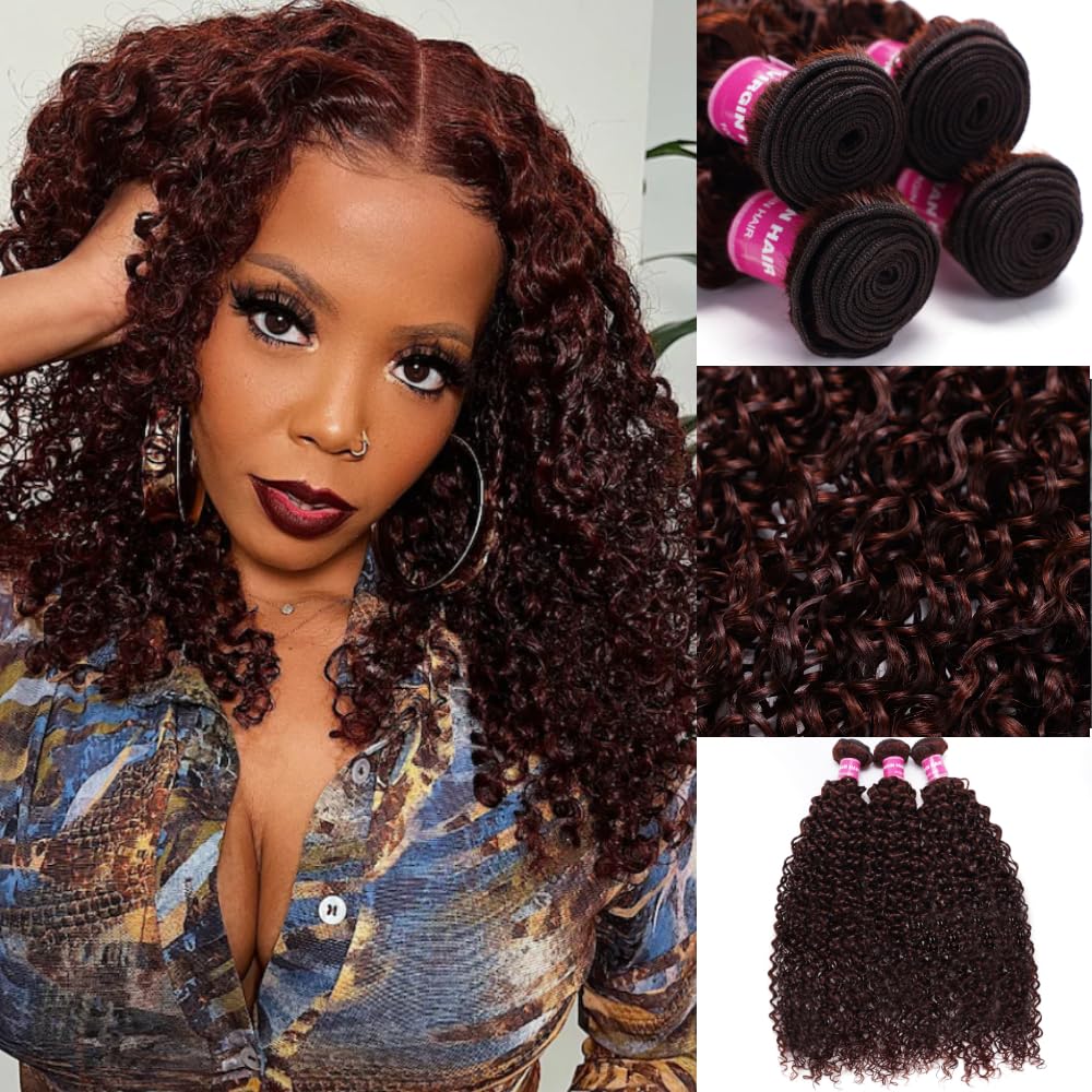 KLAIYI 10A Reddish Brown Curly 3 Bundles Brazilian Virgin Human Hair Weave 10 12 14 Inch - 100% Unprocessed Remy Hair Extensions for Sew in, Auburn Brown Copper Red 33B Color - Perfect for Daily Styling, Parties & Special Occasions