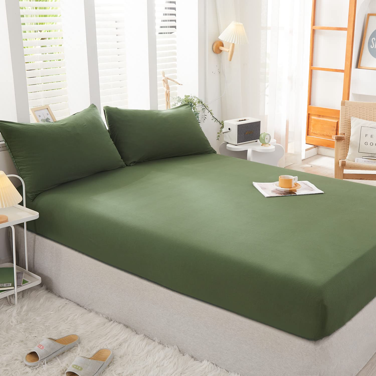 LIFETOWN 100% Jersey Knit Cotton Sheet Set - Ultra Soft Wrinkle-Free Deep Pocket Fitted Sheet with 2 Pillowcases (Queen Size, Olive Green) | Perfect for Cozy Bedroom, Guest Room & Dorm Comfort