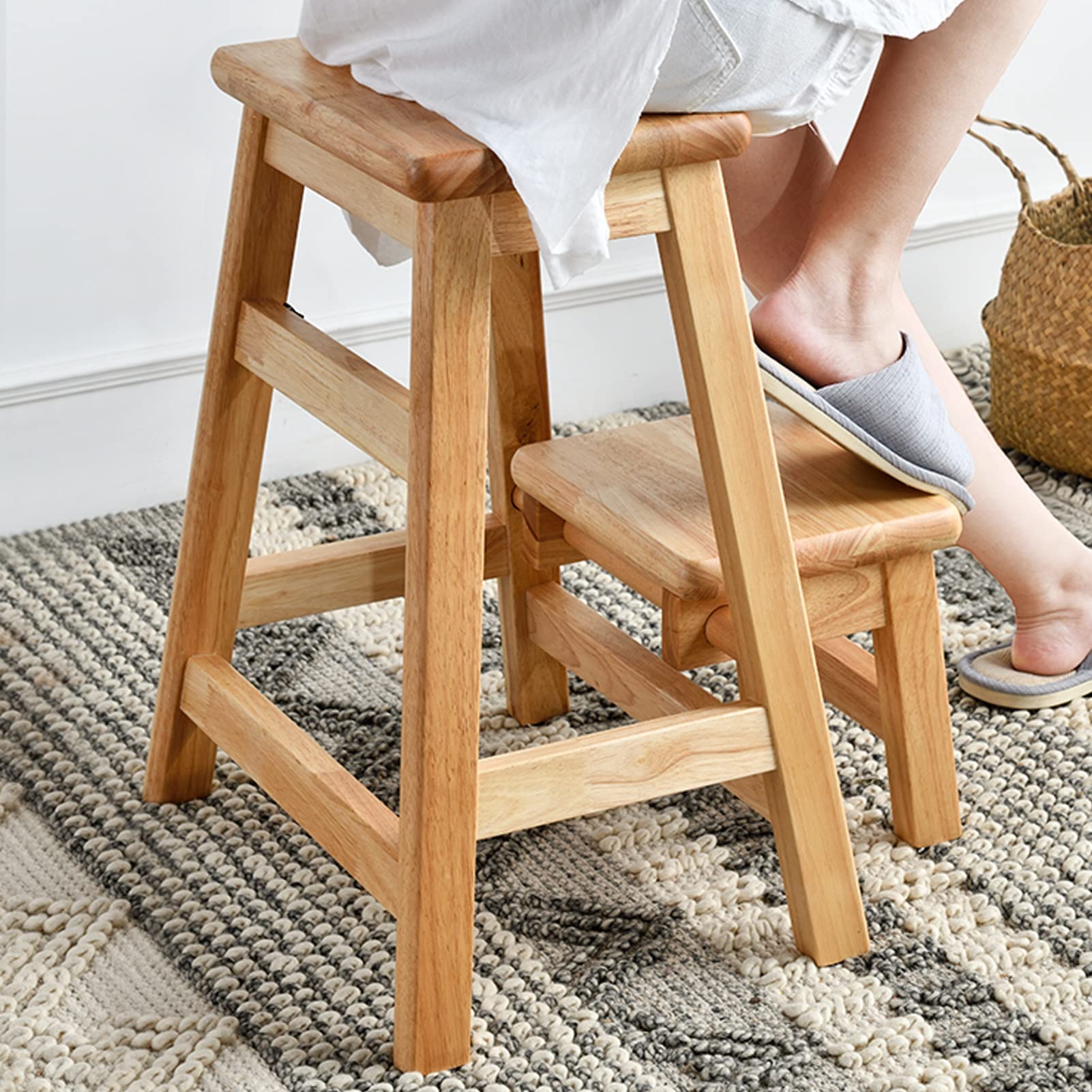 2-Step Wooden Stool, Foldable Multifunctional Ladder Step Stool for Kitchen Bathroom, Shoe Bench, Flower Stand, Climbing Stairs - Perfect for Home, Office, and Outdoor Use