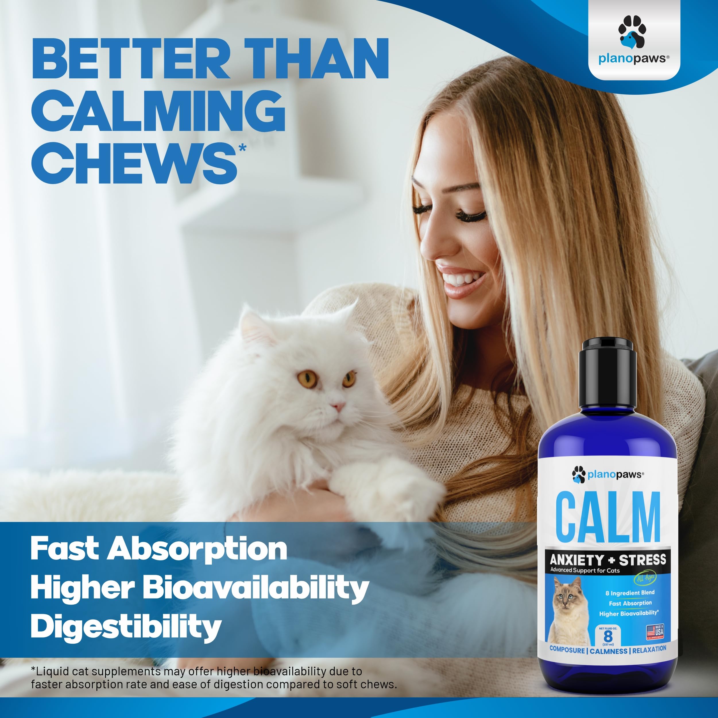 Cat Anxiety Relief Liquid Drops - 90 Day Supply with Faster Absorption Than Calming Treats - Natural Calming Aid for Cats of All Ages - Sleep Support with 8-Ingredient Blend & Melatonin - Perfect for Stressful Events, Travel & Vet Visits