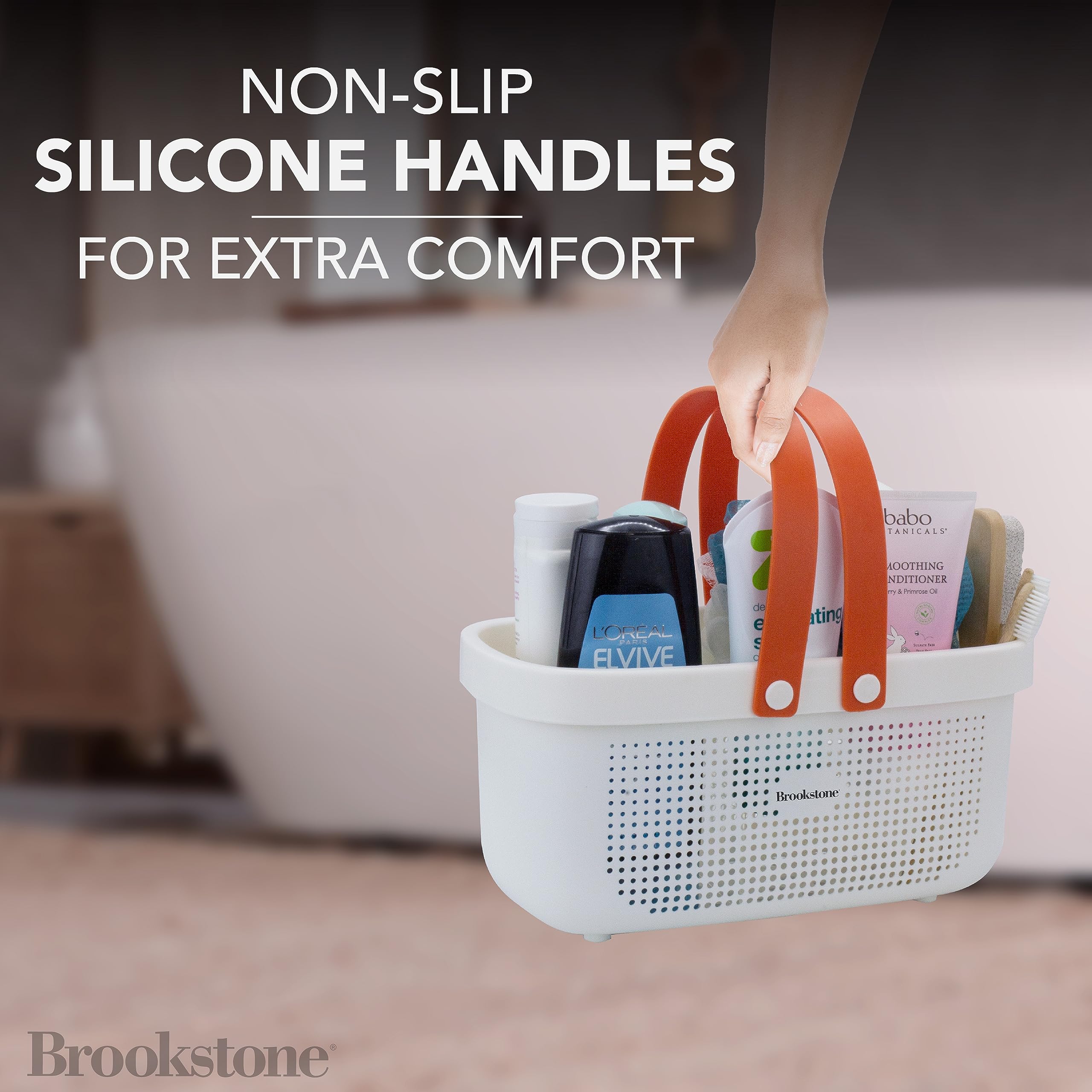 Brookstone BKH1635 Large Portable Shower Caddy - BPA Free Plastic Bath Tote with Soft Silicone Handle, Quick-Dry Drainage Holes - Perfect for Bathroom Organization, College Dorms, Camping & Travel Accessories (White)