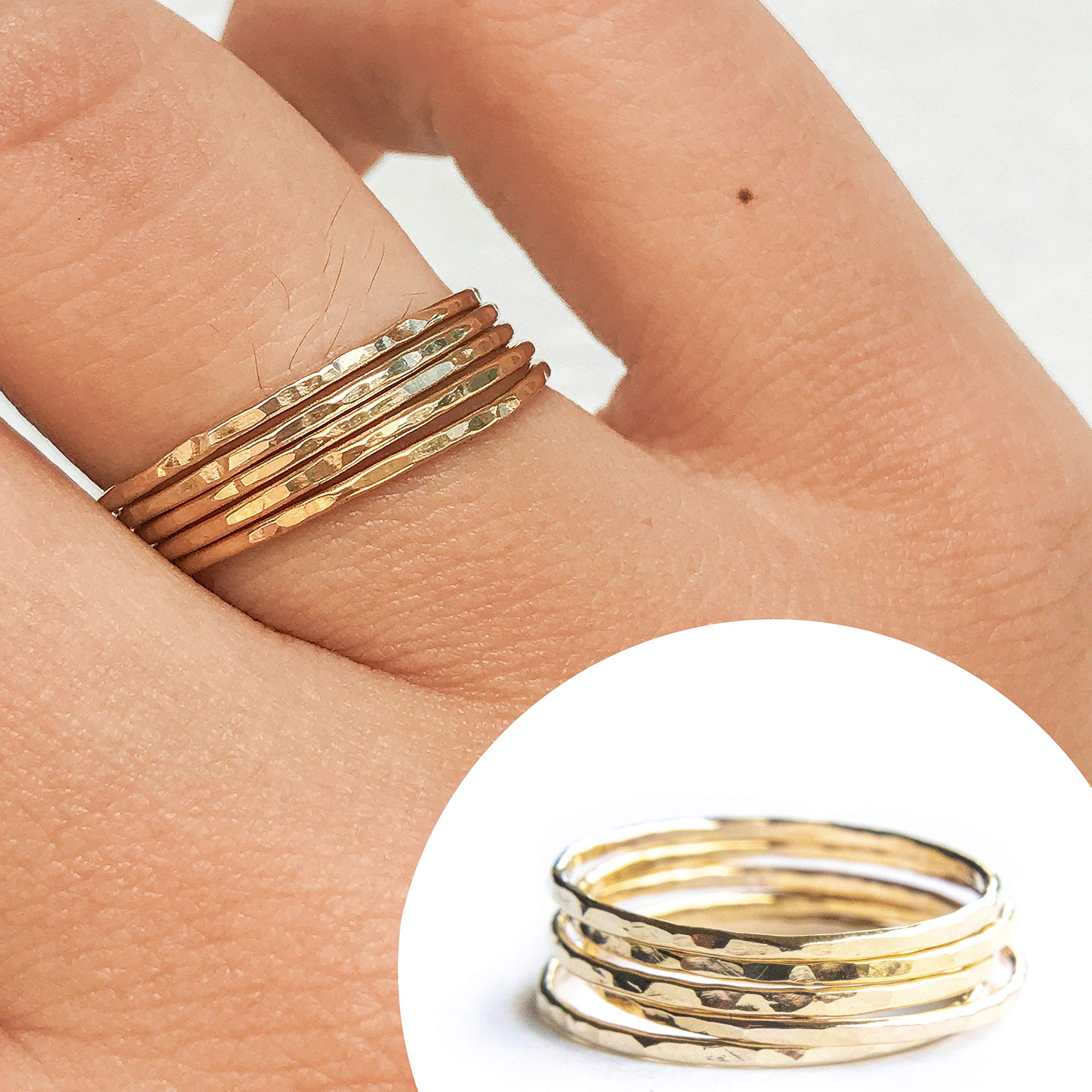 Hammered Gold Stackable Rings for Women - Minimalist Thin Gold Rings Set of 5 (Size 5) - Perfect for Layering, Everyday Wear & Gift Giving