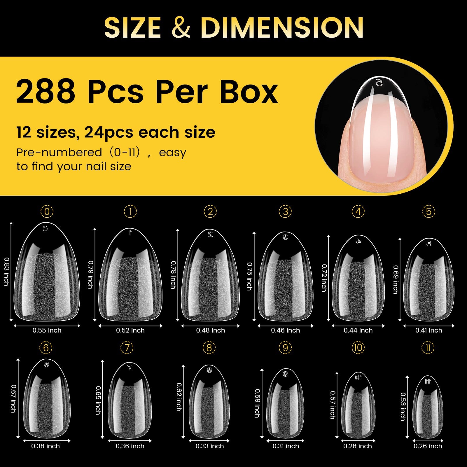 288pcs Short Oval Pre-Filed Nail Tips - 12 Sizes for Natural & Acrylic Nails - Perfect for DIY Manicures & Salon Use