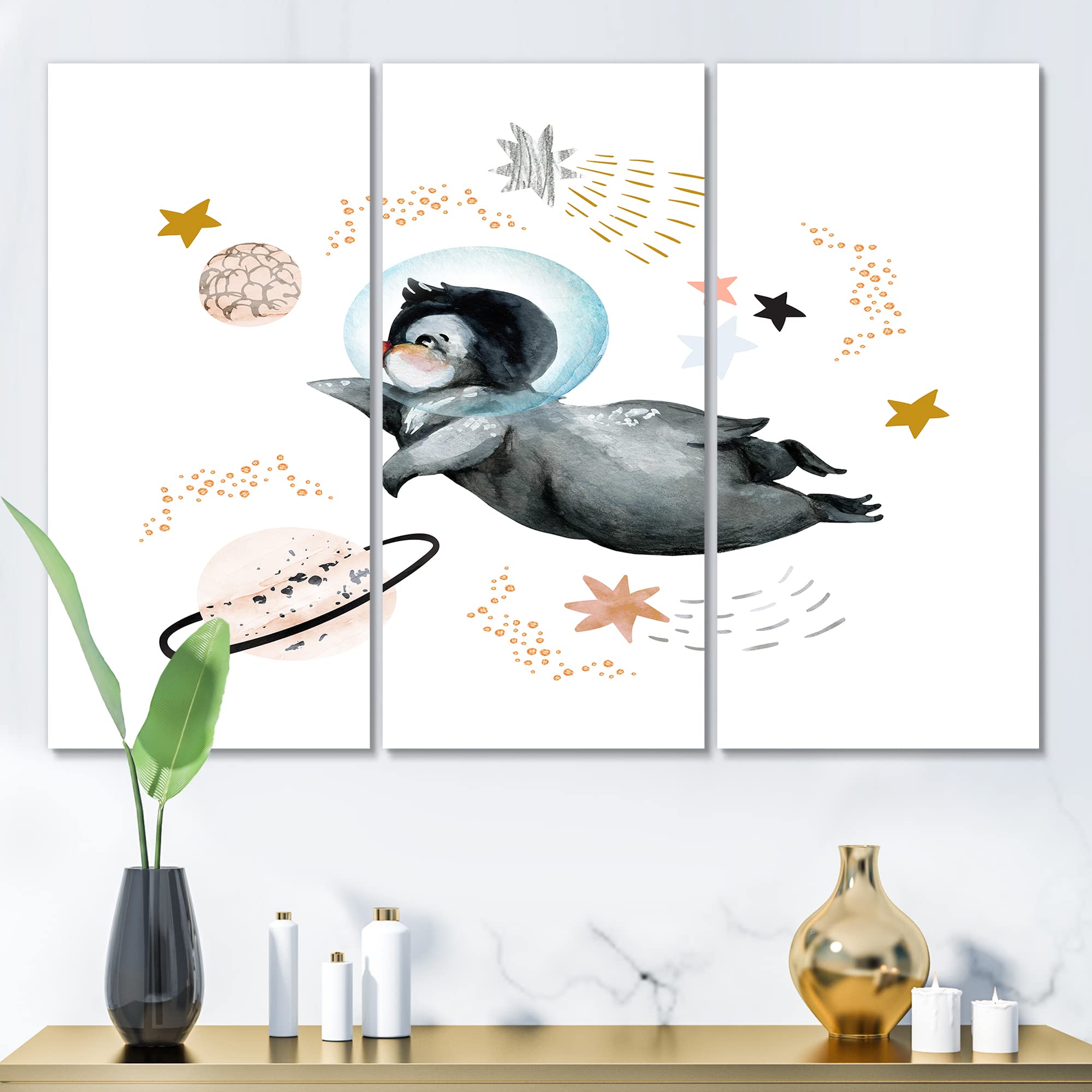 DesignQ Little Penguin Flying Stars and Planets II Farmhouse Canvas Wall Art - Cute Nursery Decor, Kids Room Wall Hanging, Living Room Artwork for Home Decoration