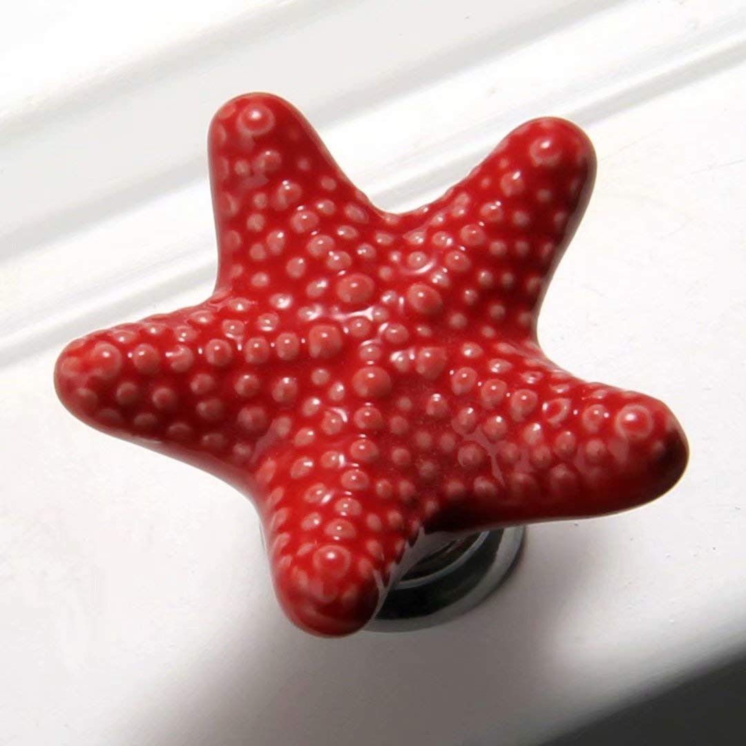Red Starfish Ceramic Drawer Pulls - 6 Pack Beach Theme Cabinet Knobs for Nursery, Kitchen & Wardrobe | Ocean Decor Handles for Dressers & Cupboards | Perfect for Coastal & Nautical Home Decor