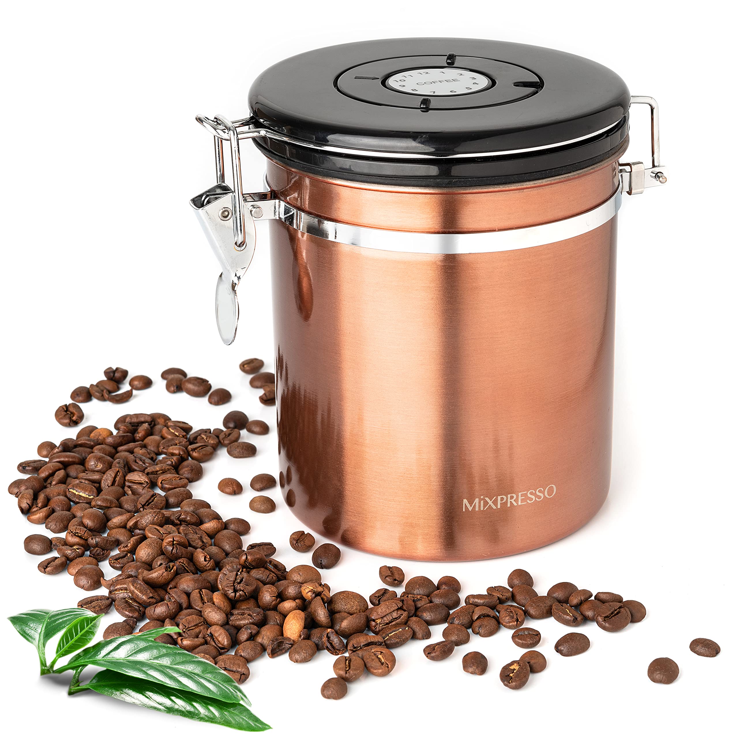 Mixpresso Bronze Stainless Steel Airtight Coffee Container with Date Tracker - 16oz Vacuum Sealed Storage Jar for Coffee Beans, Grounds & Tea - Perfect for Kitchen Countertop, Pantry or Office Use