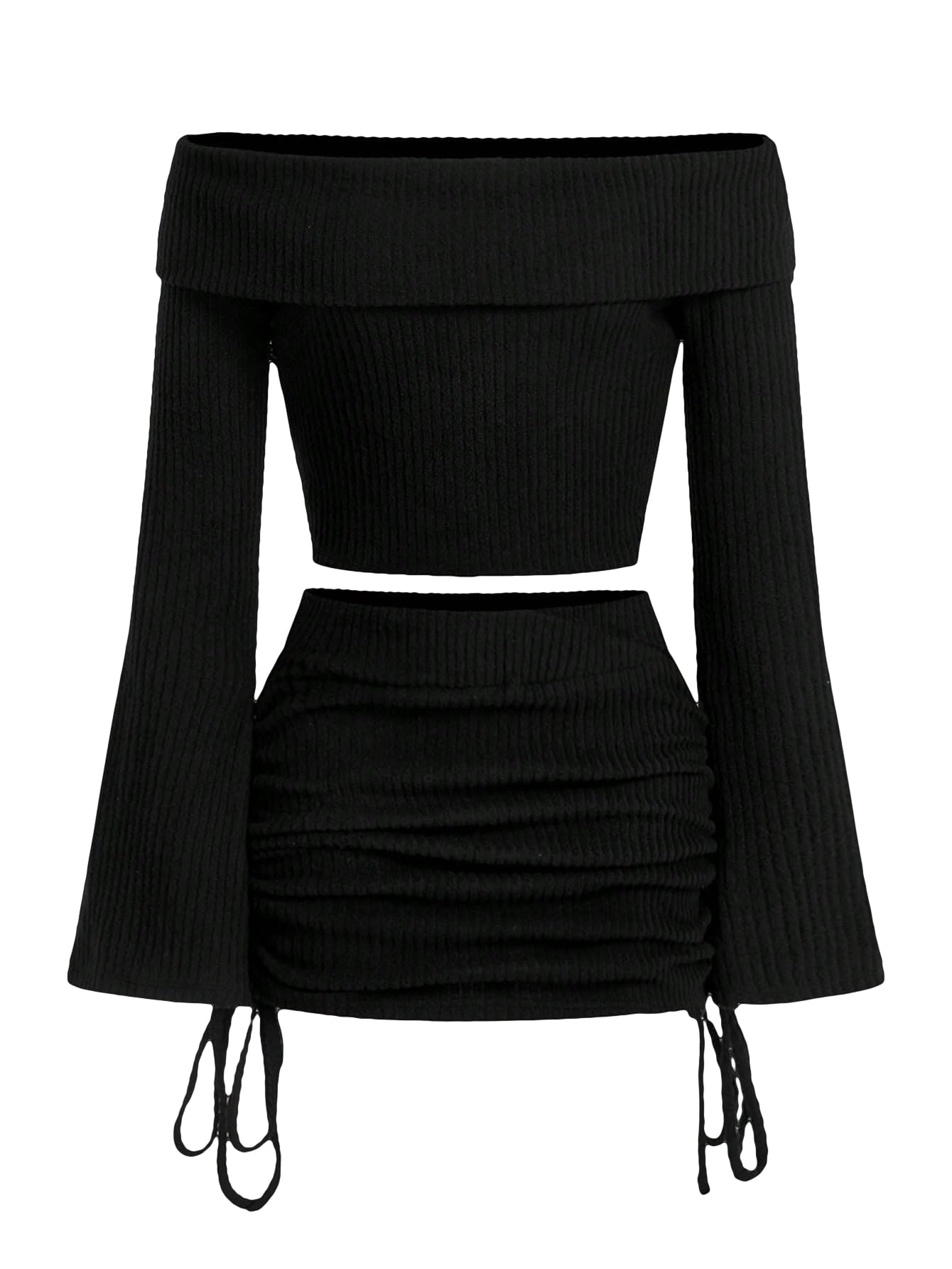 Verdusa Women's 2 Piece Outfits - Cold Shoulder Long Sleeve Crop Top & Drawstring Skirt Set | Casual Summer Outfit for Beach, Party & Date Night