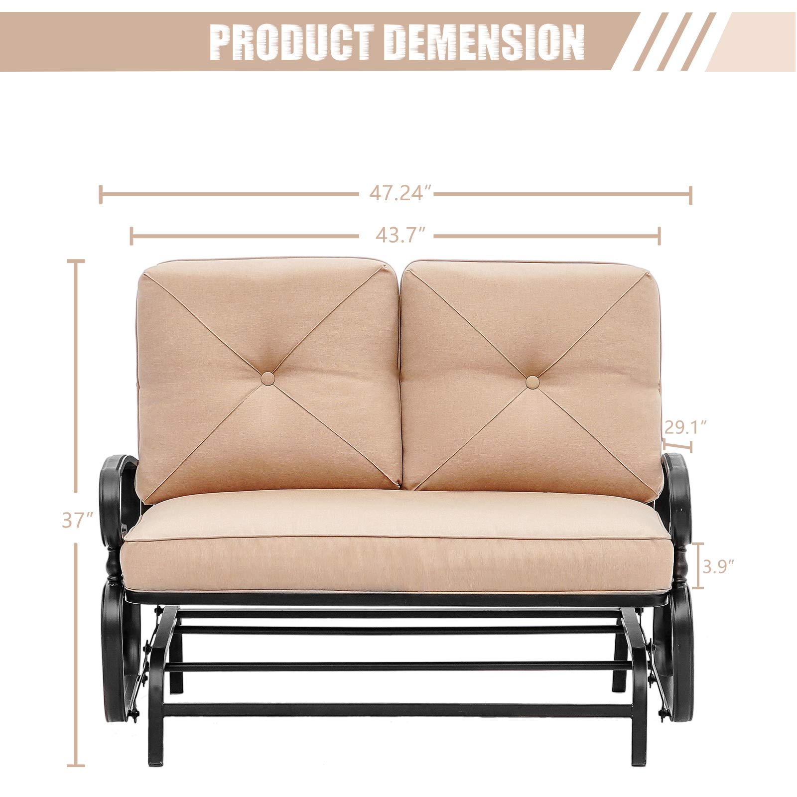 Outdoor Patio Bench Glider Swing - Steel Frame Rocking Loveseat with Thick Cushion (Brown) - Perfect for Porch, Garden, Backyard & Deck Relaxation