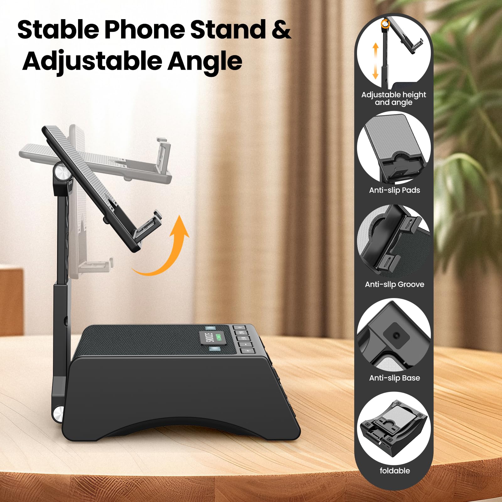 JTEMAN Wireless Bluetooth Speaker with Adjustable Cell Phone Stand - Cool Tech Gadget for Kitchen, Office & Travel - Unique Birthday Gift for Men, Women, Husband, Boyfriend (Black)