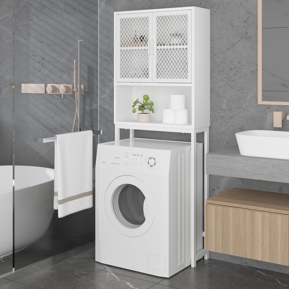 Over The Toilet Storage Cabinet - Industrial Bathroom Organizer with Rack | Freestanding Space Saving Shelf for Bathroom | White Oak Wood & Metal Design | Perfect for Small Bathrooms, Apartments & Dorm Rooms