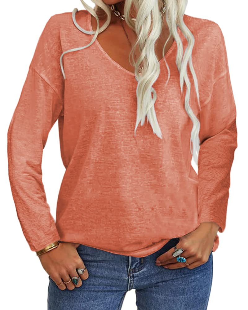 Tankaneo Women's Long Sleeve V-Neck Loose Fit Casual Tunic Top - Solid Color Basic Tee for Everyday Wear, Work & Outings