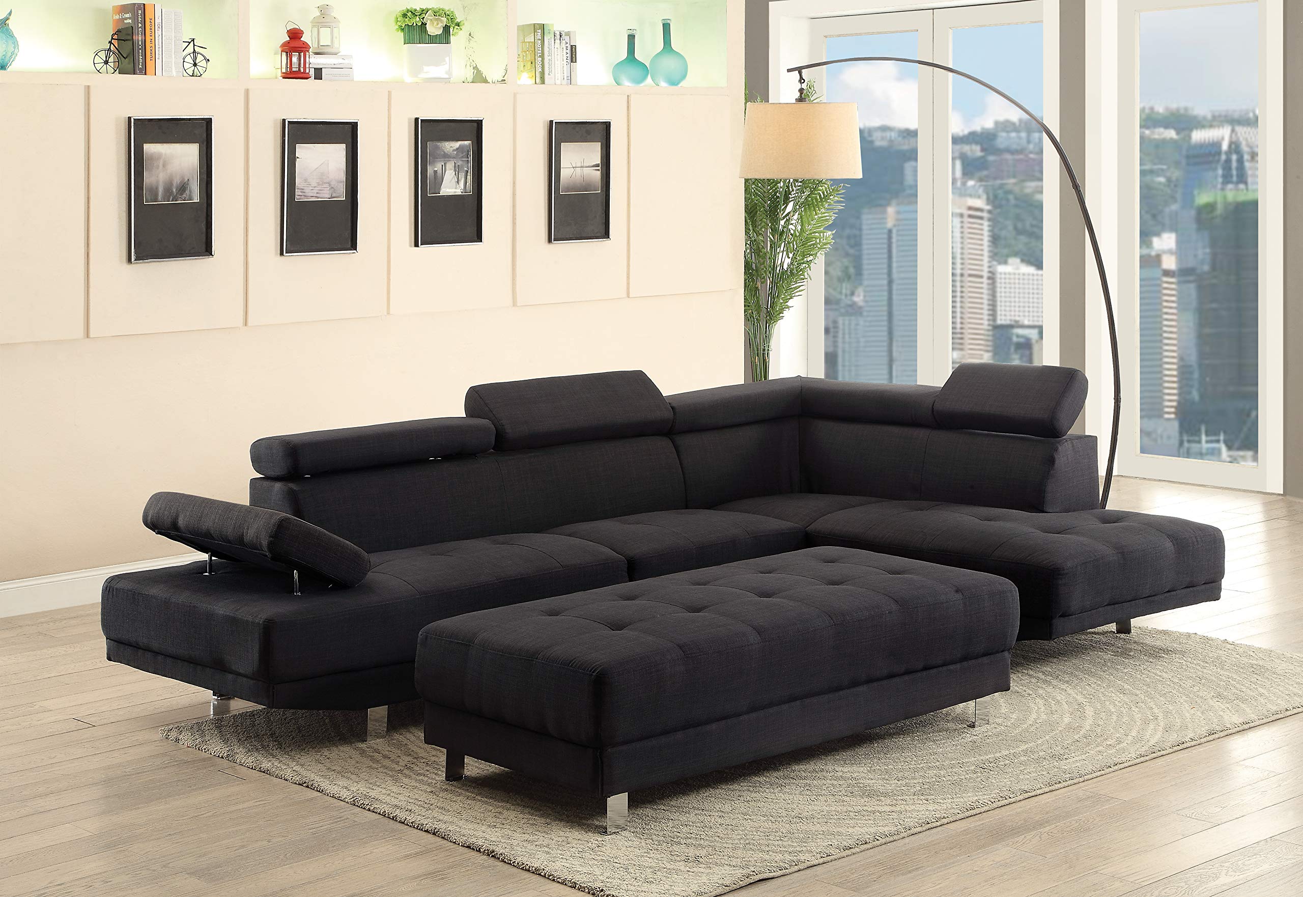 Glory Furniture Riveredge Twill Fabric Sectional Sofa in Black - Modern Living Room Couch for Home Theater & Family Gatherings