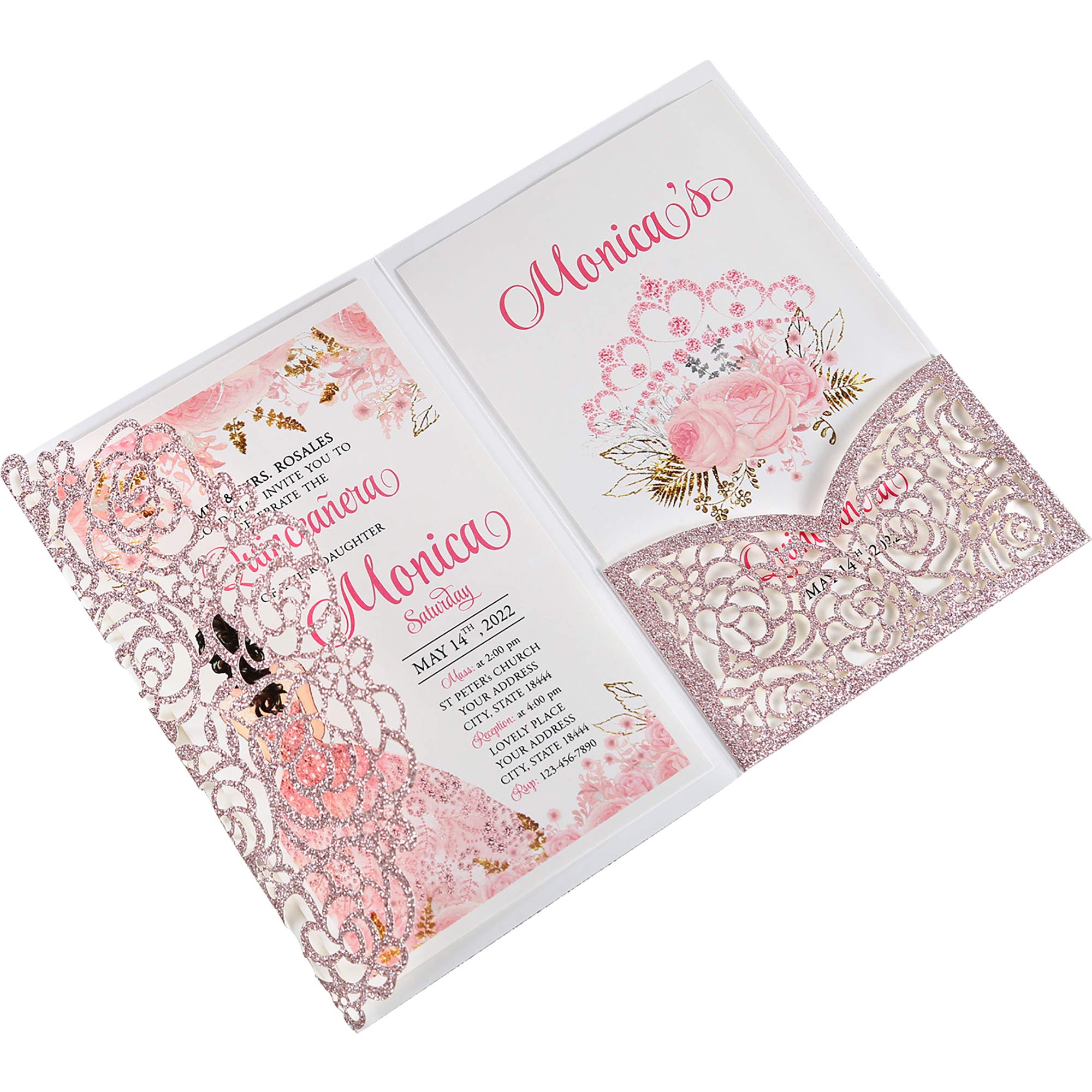 4.7x7 Inch 50PCS Personalized Rose Gold Glitter Quinceanera Invitations Kit - Laser Cut Hollow Rose Design with Envelopes - Perfect for Sweet 15, Quinceañera Celebrations & Birthday Party Invitations