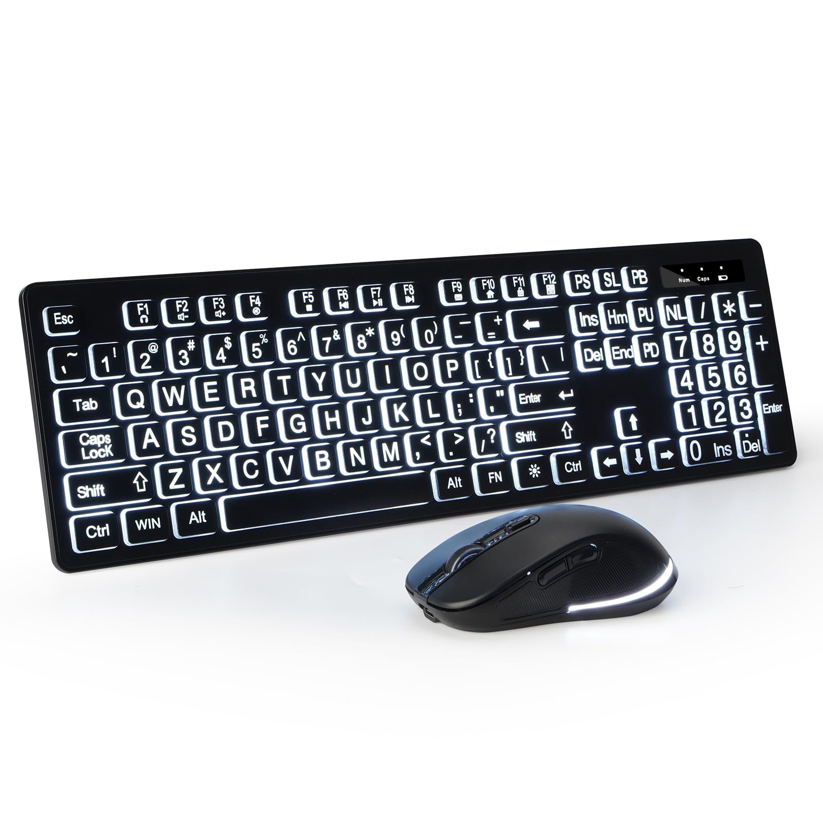 KOPJIPPOM 2.4G Wireless Keyboard and Mouse Set for Seniors - Large Print Backlit Keyboard with Big Letters, Full Size Ergonomic Design, Compatible with Windows PC/Laptop (Black) - Perfect for Elderly Users, Low Vision Typing & Nighttime Computer Work