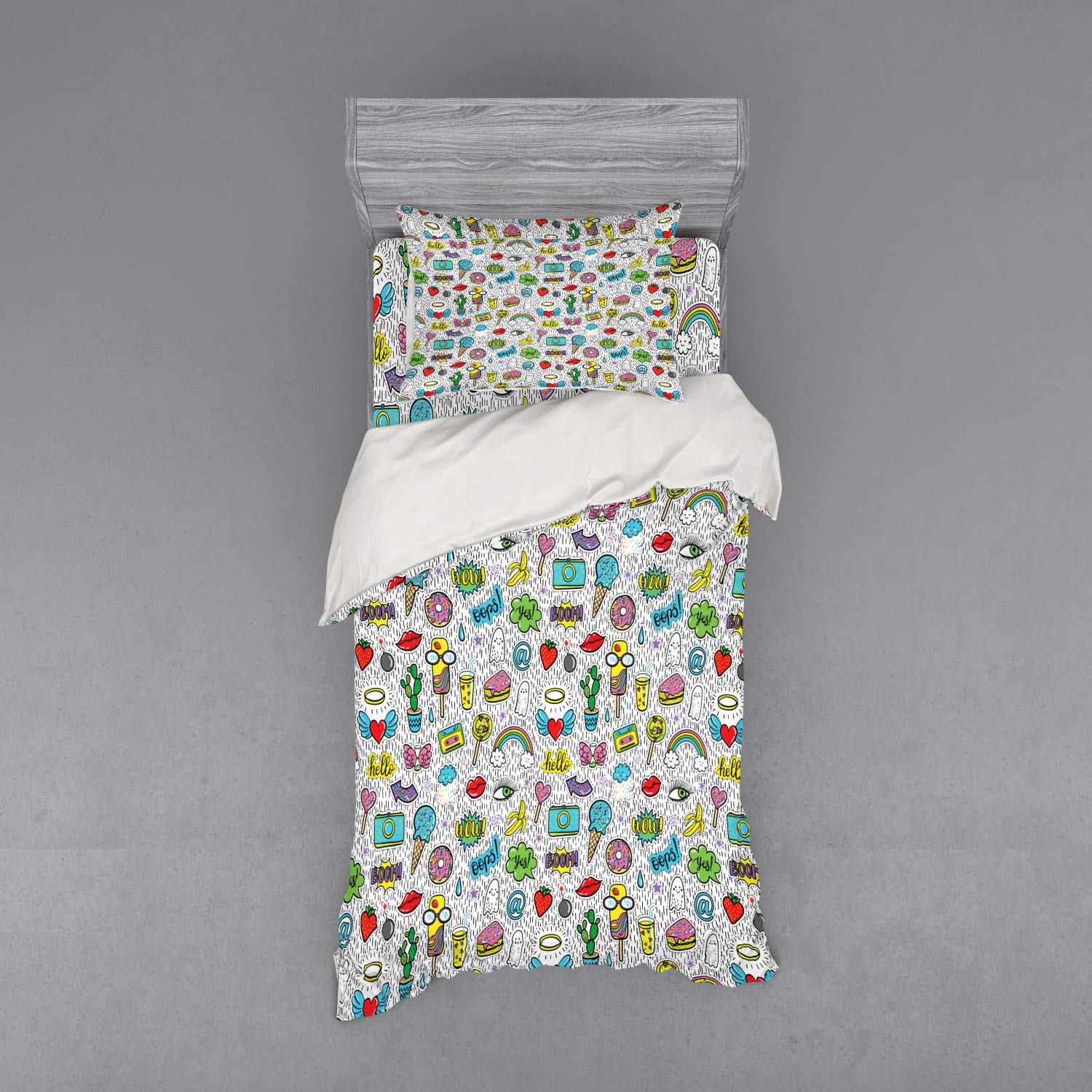 Ambesonne Emoticon 3-Piece Duvet Cover Set - Pop Art Cartoon Design with Eye, Ice Cream, Rainbow, Donut, Lip, Heart, Banana & Ghost Patterns - Twin XL Size Bedding Set Includes Sham & Fitted Sheet - Vibrant Multicolor Teen & Kids Room Decor for Fun Bedroom Makeover