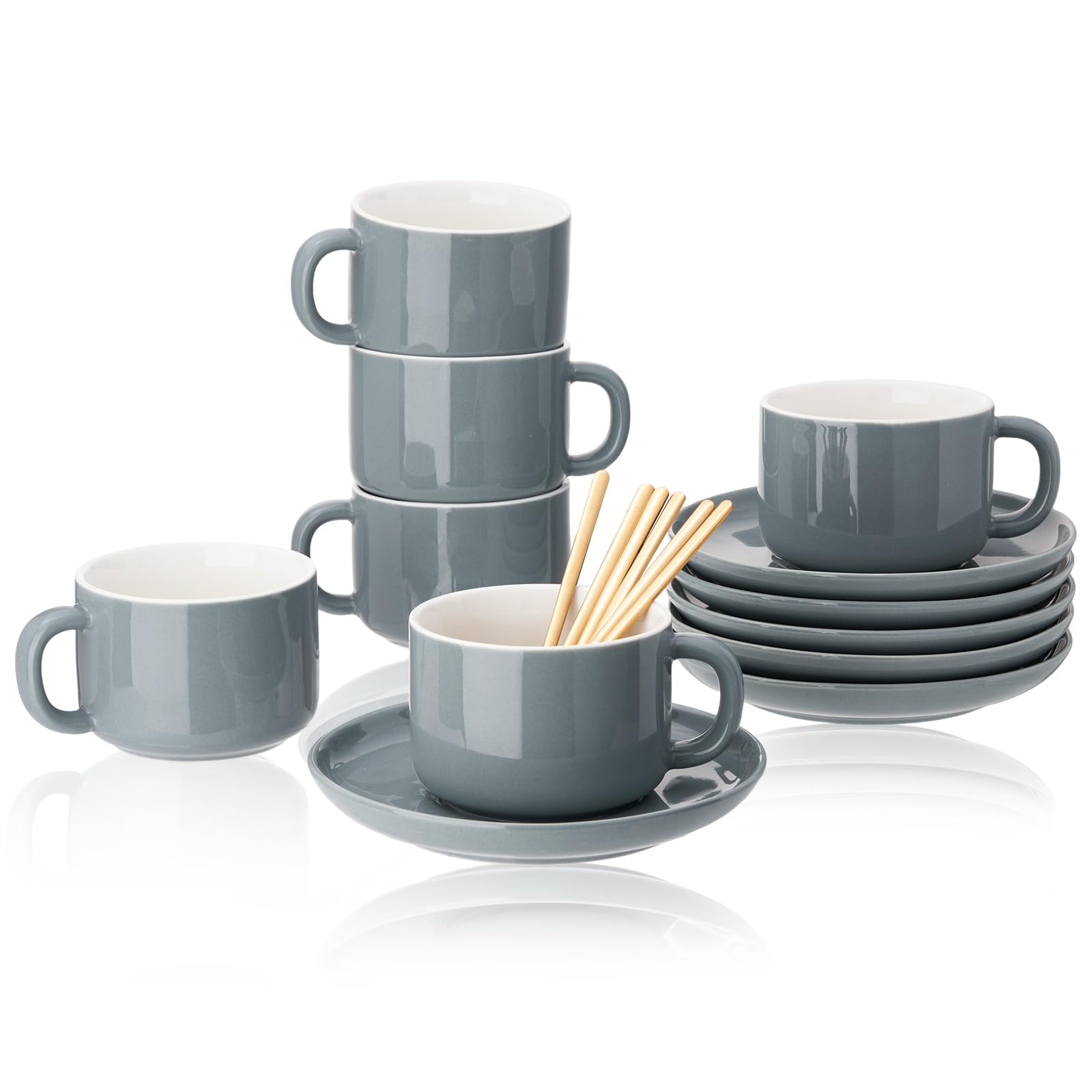 6-Pack Grey Porcelain Coffee Cups with Saucers & Spoons - 7 oz Cappuccino, Tea, Espresso, Latte & Mocha Serving Set - Perfect for Home, Office & Cafe Use