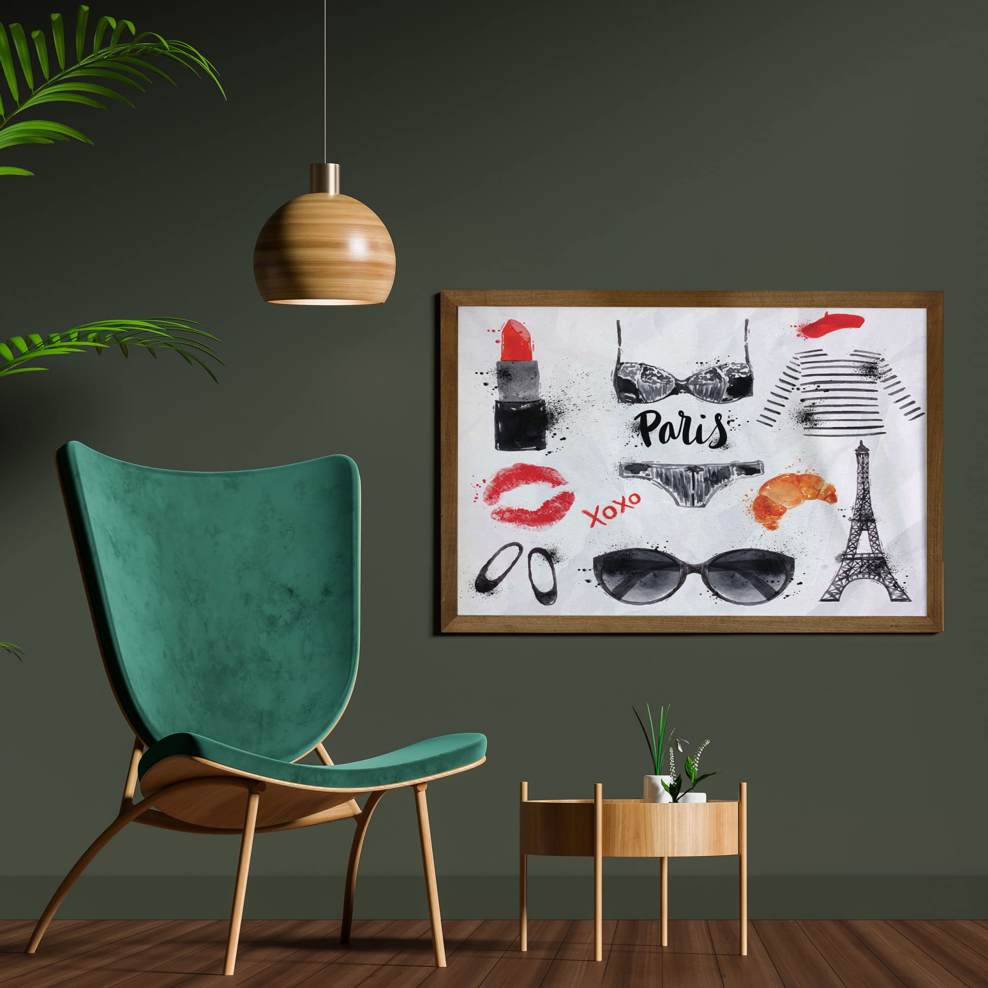 Lunarable Paris Themed Framed Wall Art - Eiffel Tower, Glasses, Lipstick, Shoes & Lingerie Fabric Decor with Teak Wood Frame - 35