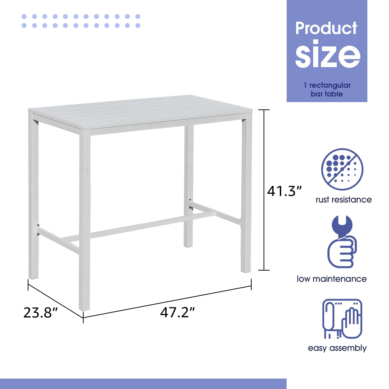 All-Aluminum High Top Pub Table - Soleil Jardin Rectangular Bar Table for Indoor & Outdoor Use | Easy Assembly & Low Maintenance White Bistro Table | Perfect for Patio, Deck, Garden & Restaurant Dining